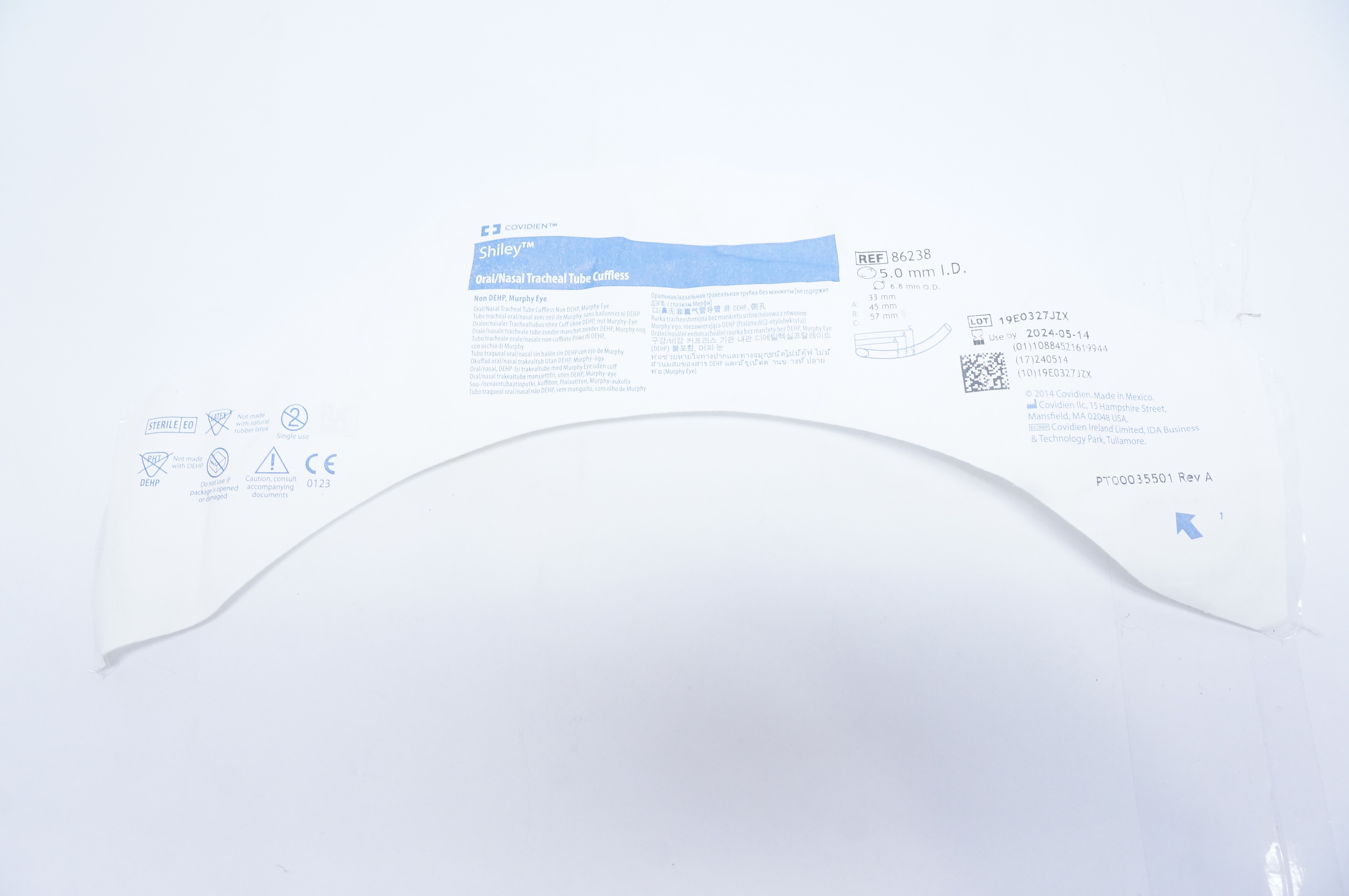 Covidien 86238 Shiley Oral/Nasal Tracheal Tube Cuffless 5.0mm ID x 6.8mm OD