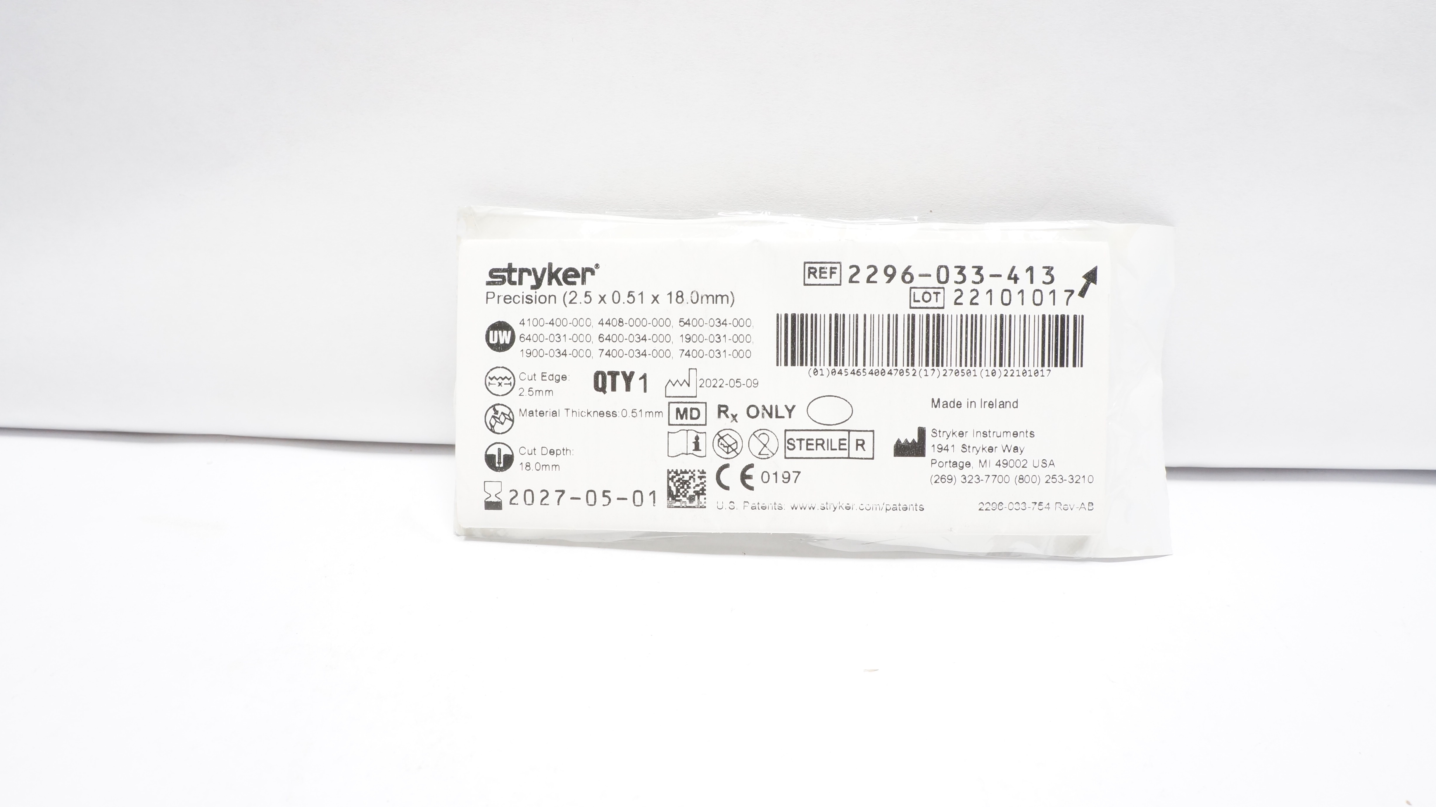 Stryker 2296-033-413 Oscillating Saw Blade, Precision 2.5 x 0.51 x 18.0mm