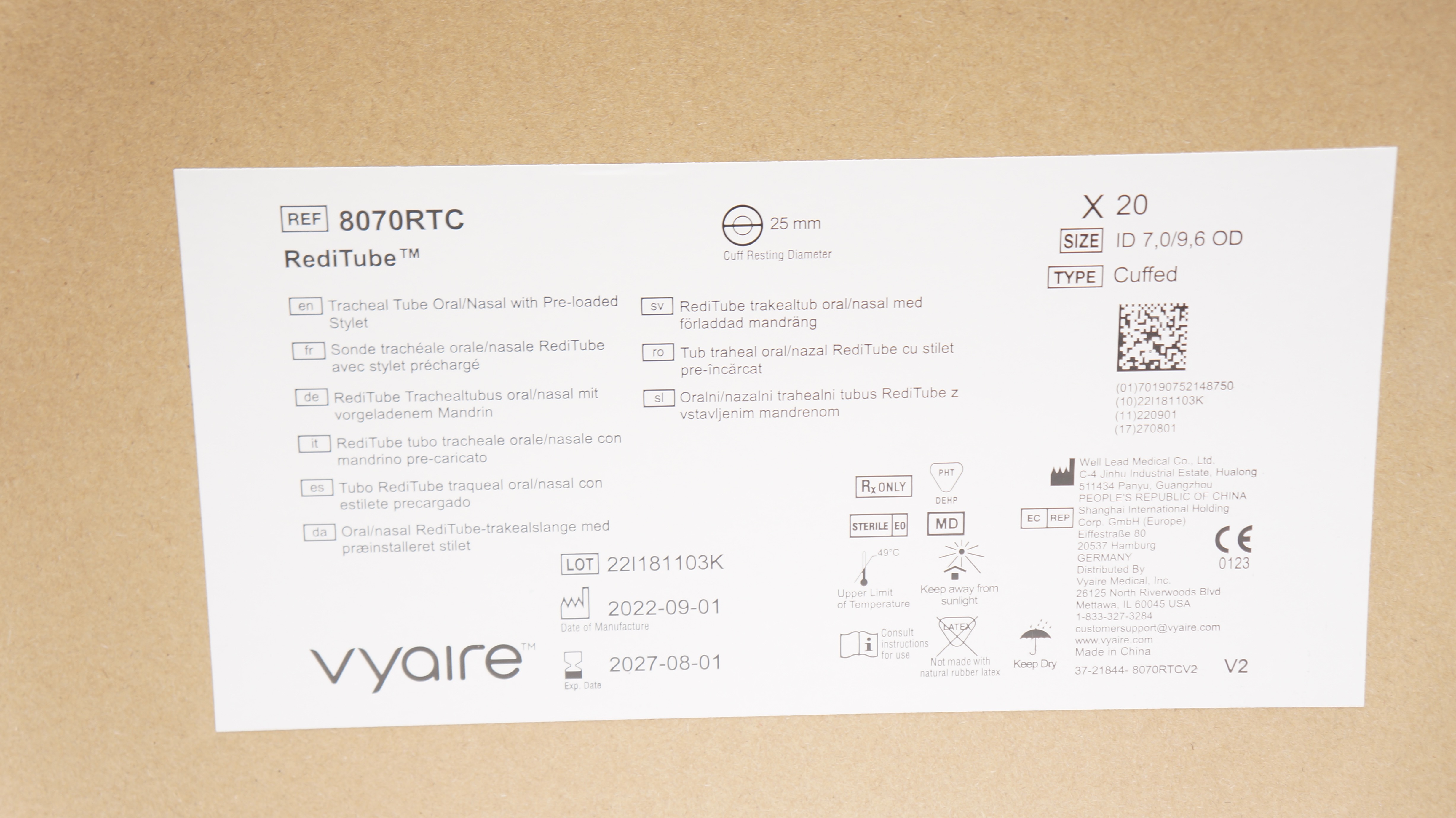 Vyaire 8070RTC RediTube Tracheal Tube Oral/Nasal 7.0ID x 9.6OD x 25mm-Case of 20