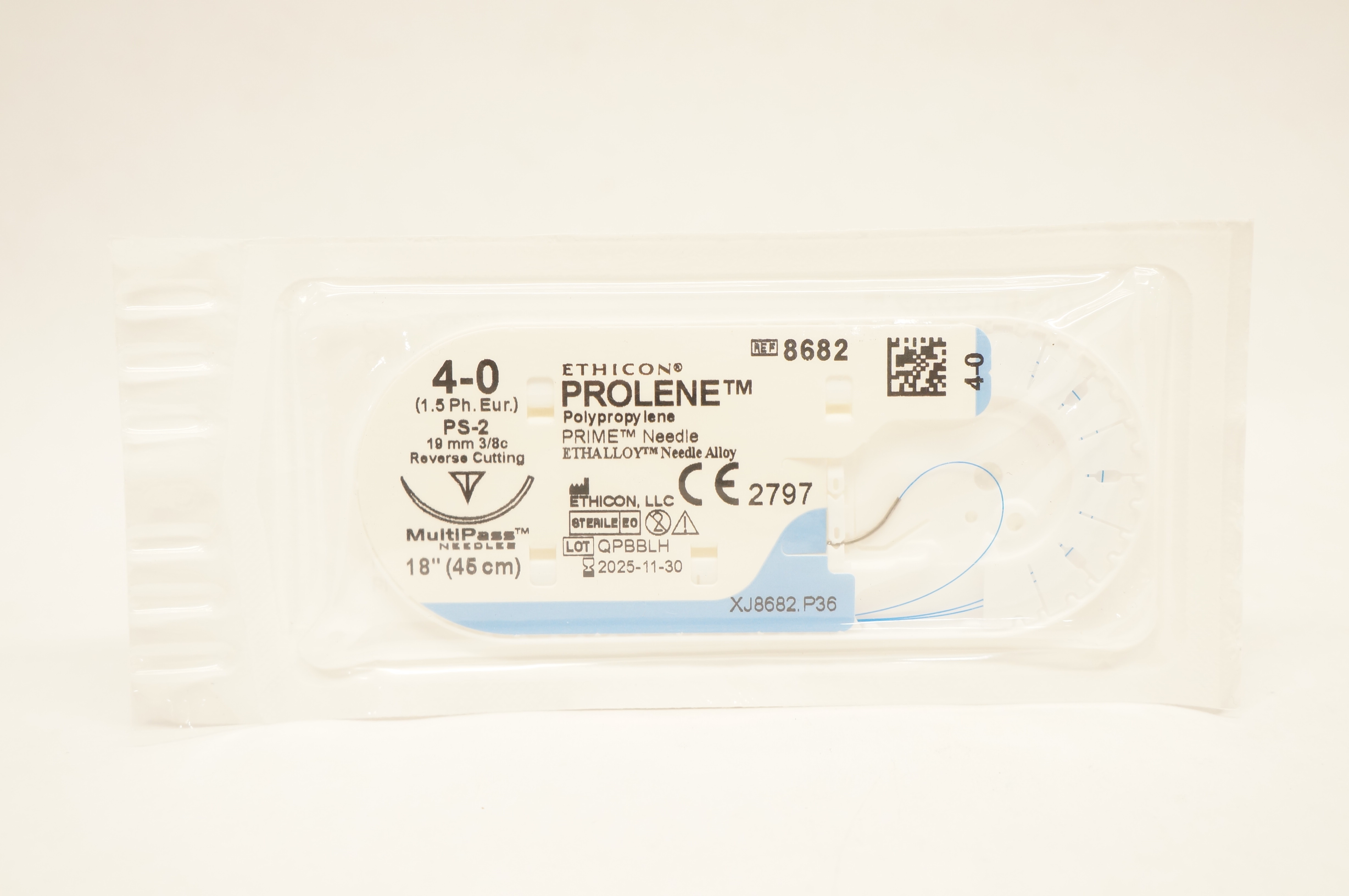 Ethicon 8682 4-0 PROLENE Polypropylene Stre PS-2 19mm 3/8 Reverse Cutting 18inch