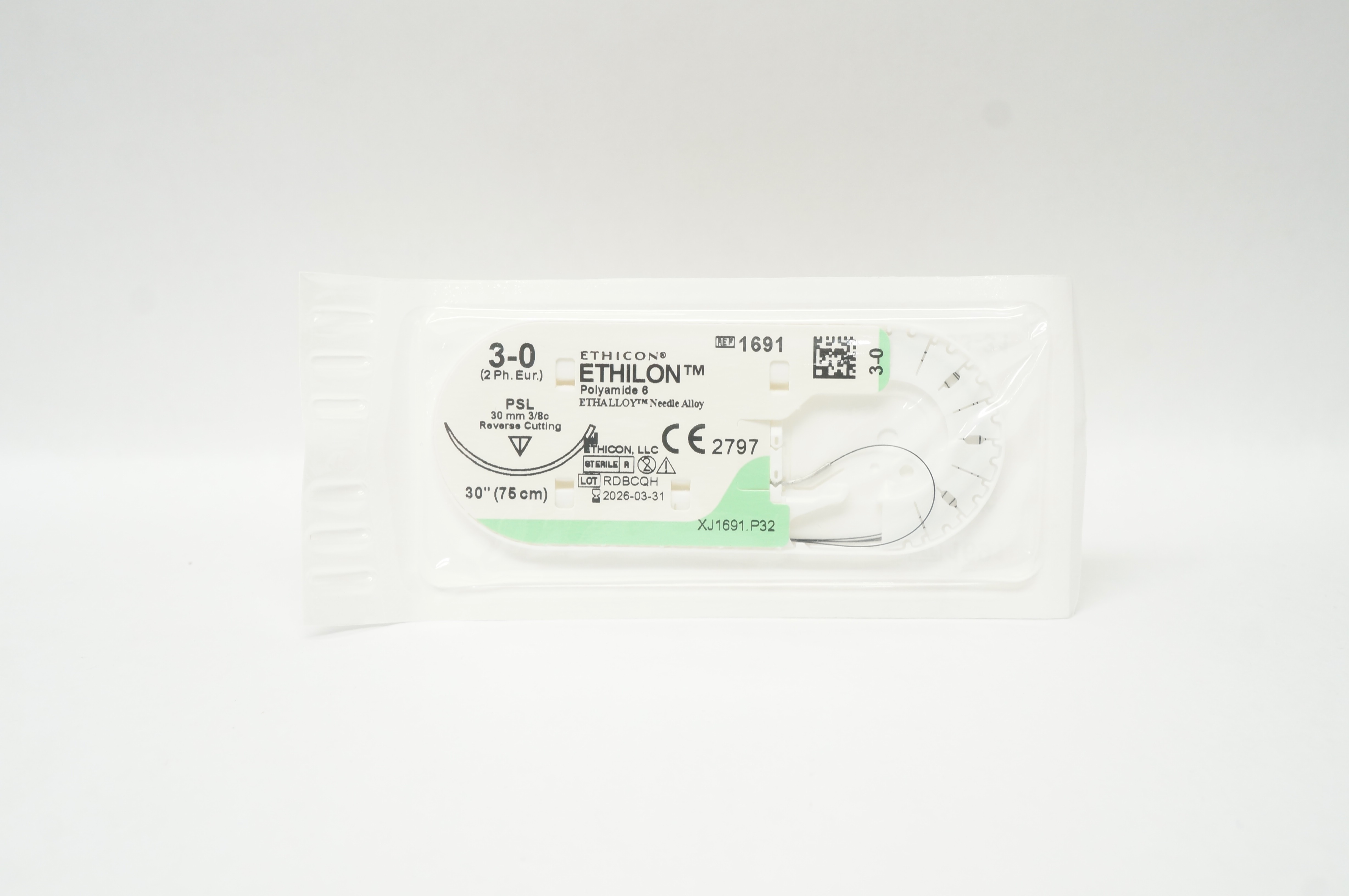 Ethicon 1691 3-0 ETHILON PSL 30mm 3/8c Reverse Cutting 30inch