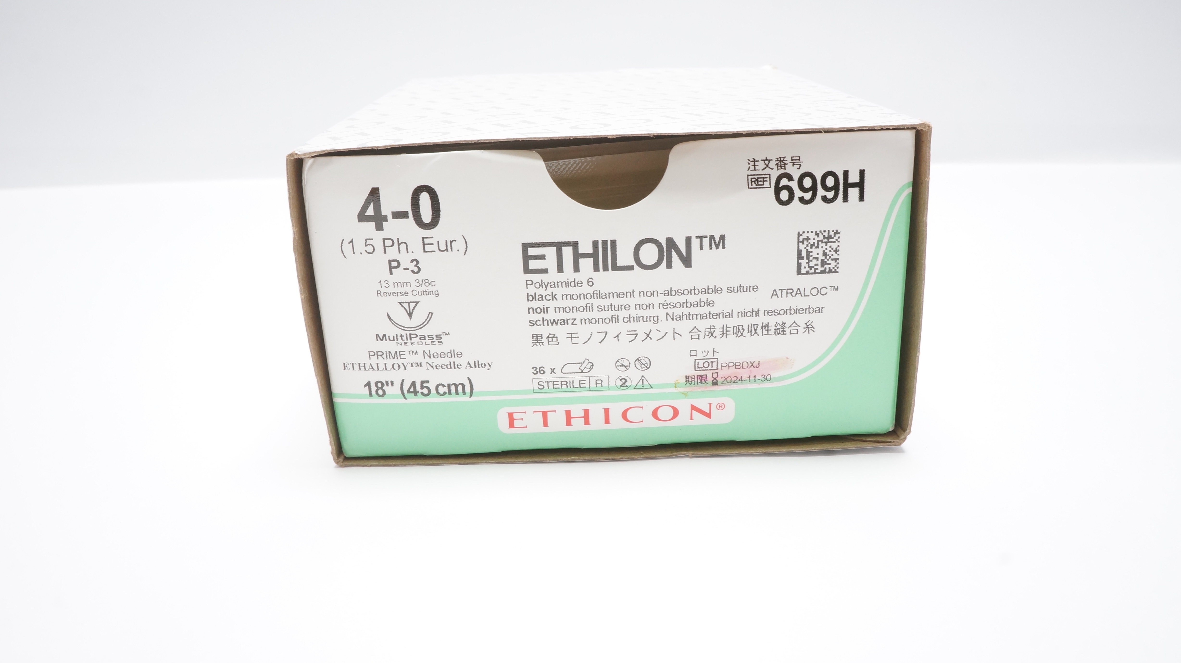 Ethicon 699H 4-0 Ethilon Stre P-3 13mm 3/8c Reverse Cutting 18inch - Box of 36