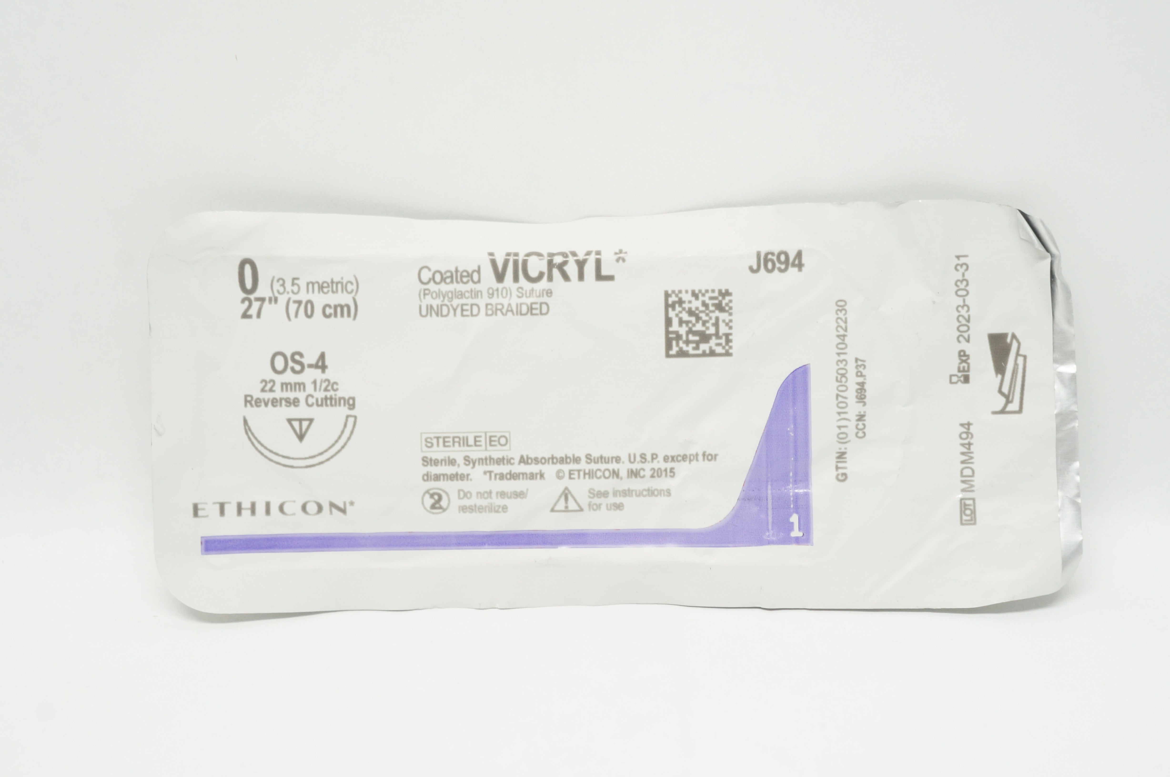 Ethicon J694 0 Coated Vicryl Stre OS-4 22mm 1/2c Reverse Cutting, 27inch