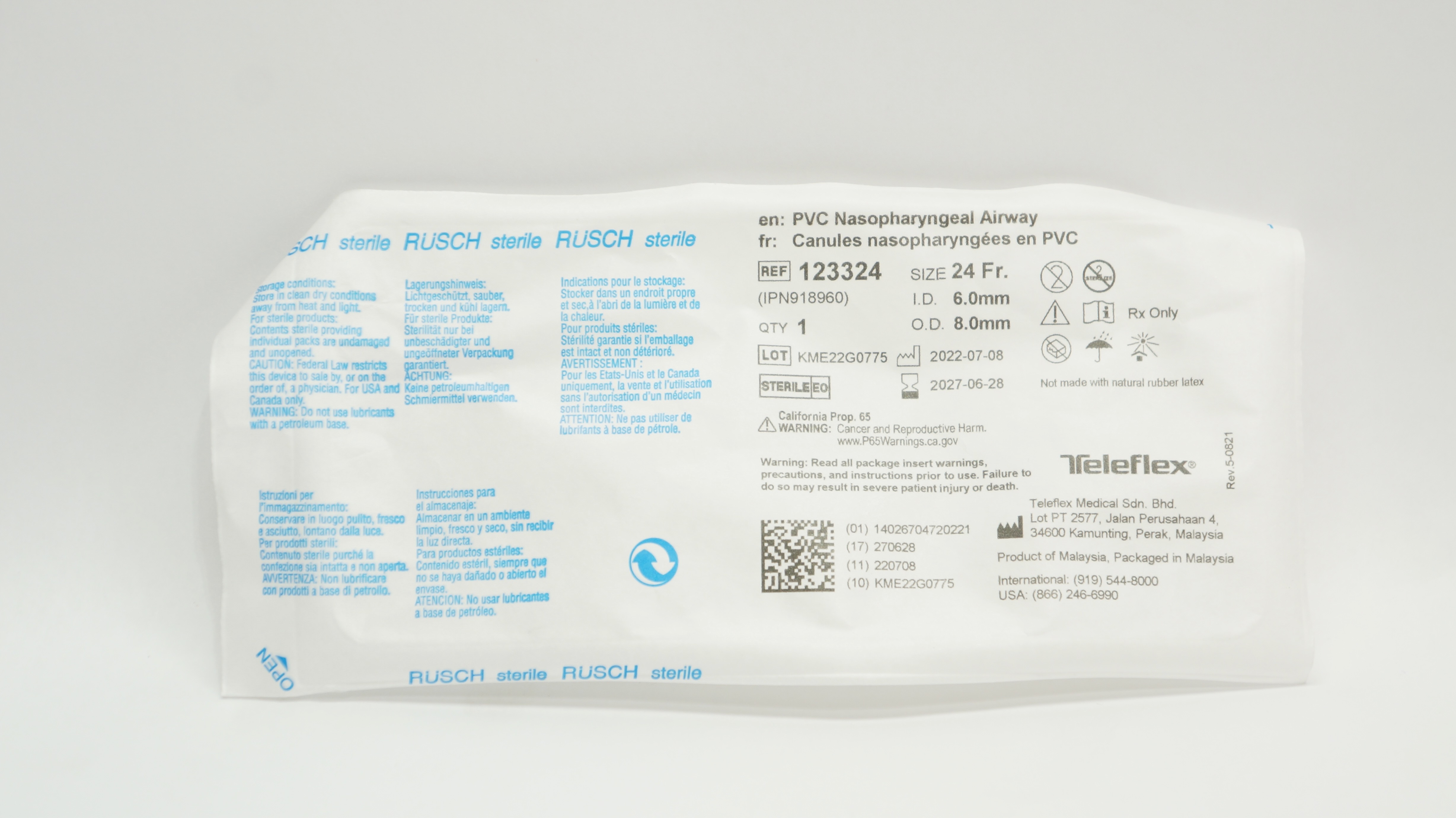 Teleflex 123324 Rusch PVC Nasopharyngeal Airway 24 Fr x 6.0mm ID x 8.0mm OD