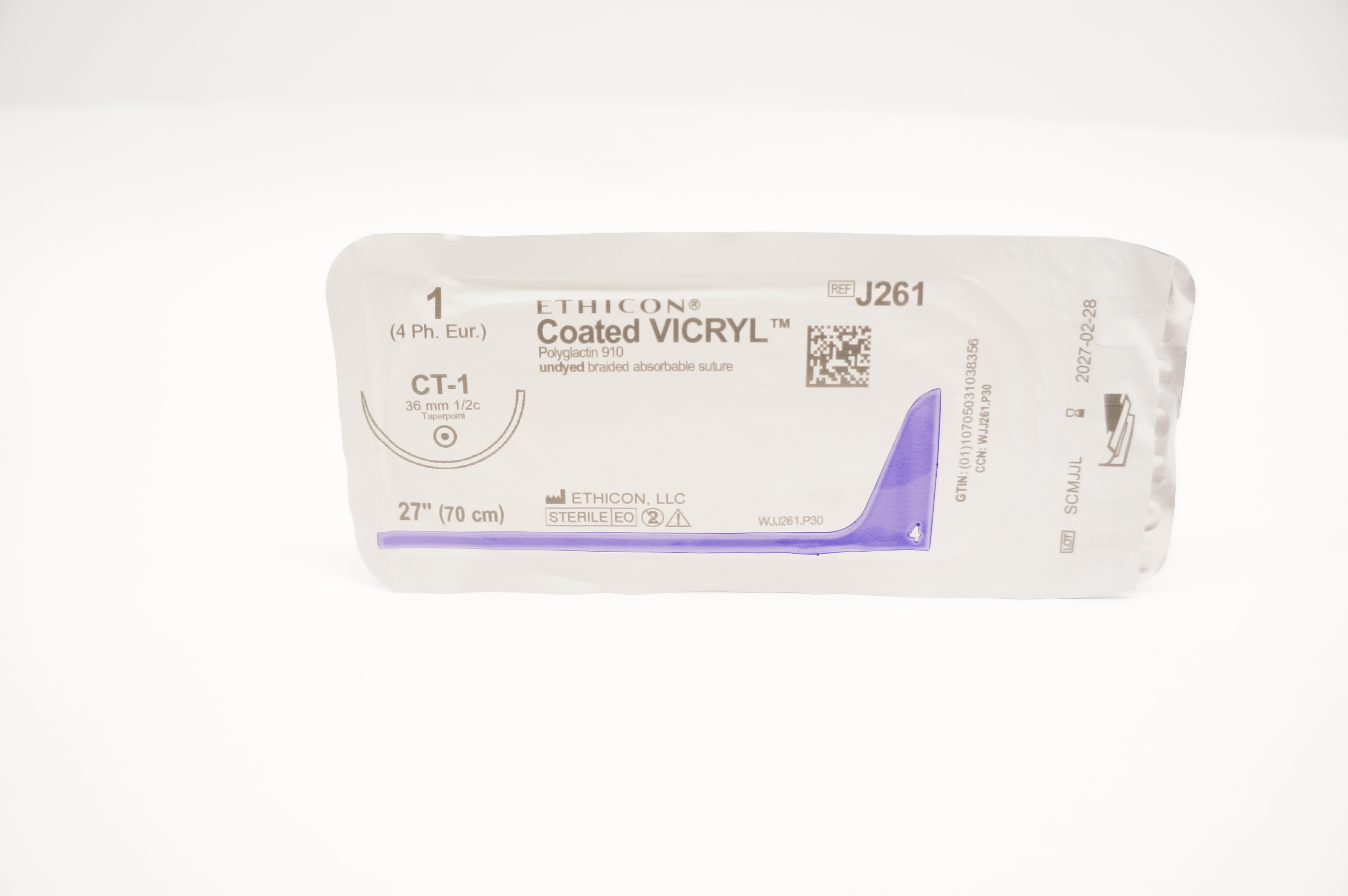 Ethicon J261 1 Coated VICRYL Stre CT-1 36mm 1/2c Taperpoint, 27inch