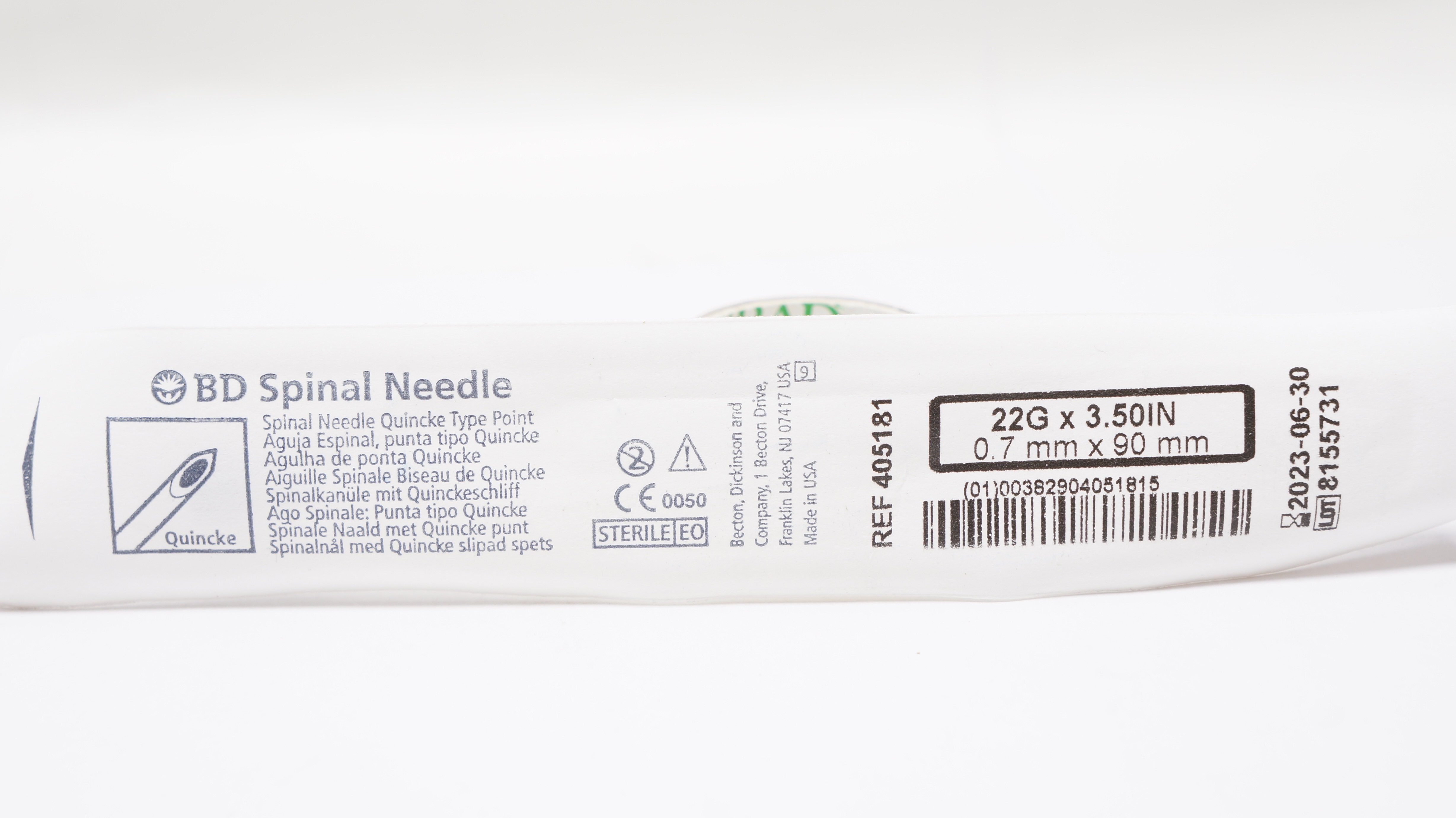 BD 405181 Becton Spinal Ndle Quincke Type Point 22G x 3.50inch (x)