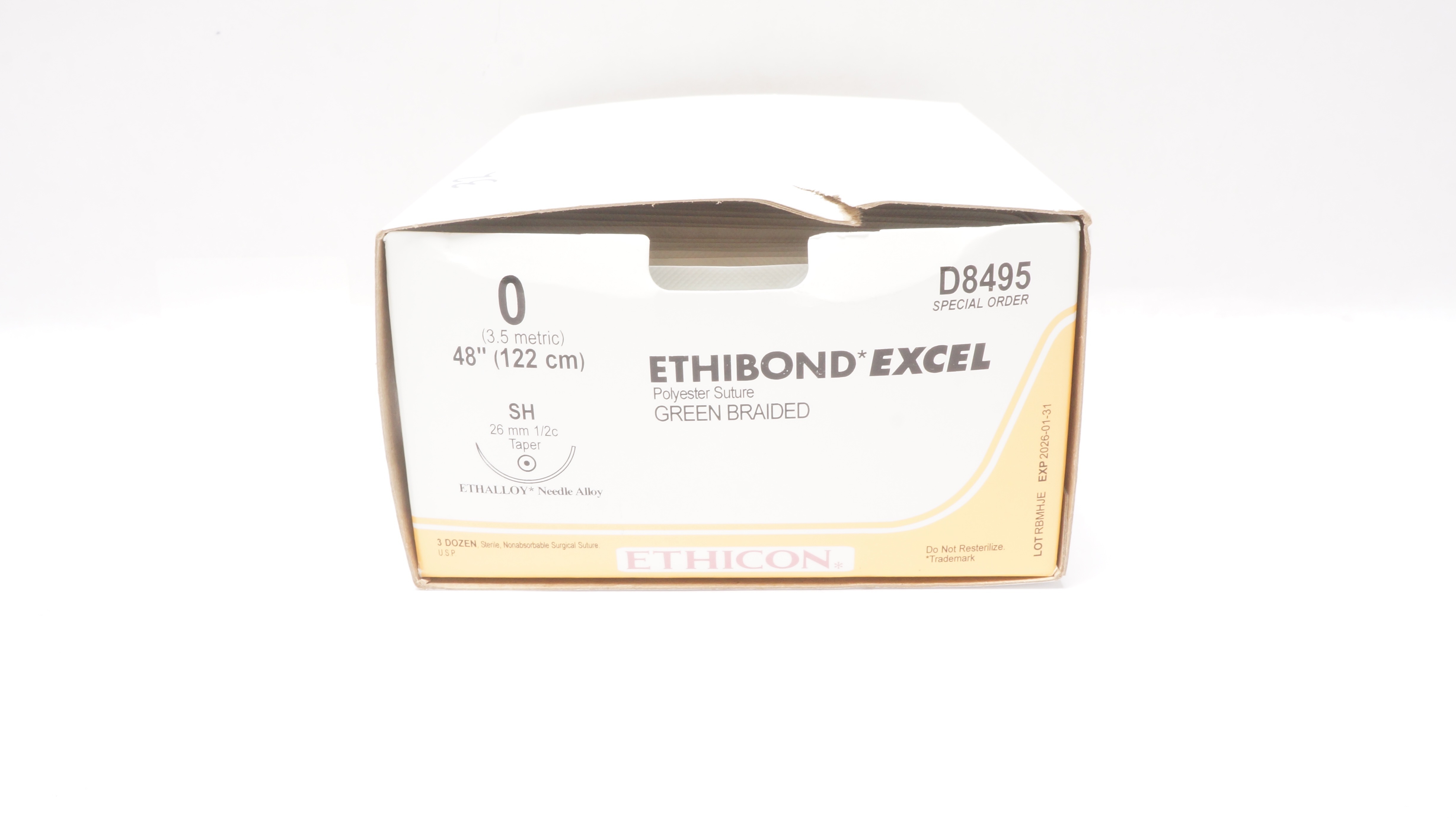Ethicon D8495 0 Ethibond Excel Polyester Stre SH 26mm 1/2c Taper, 48In-Box of 32