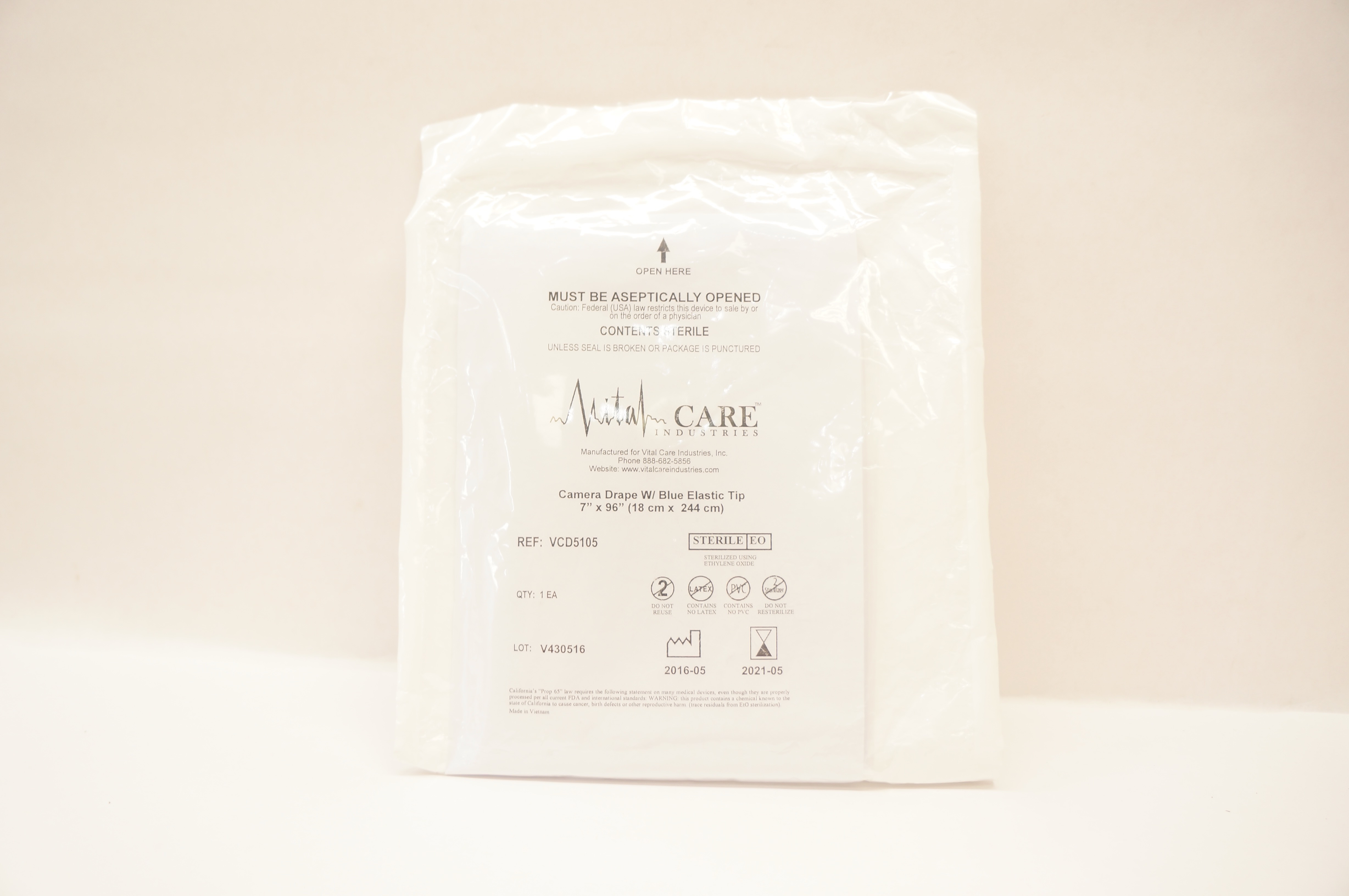 Vital Care VCD5105 Camera Drape W/Blue Elastic Tip 7inch x 96inch (x)