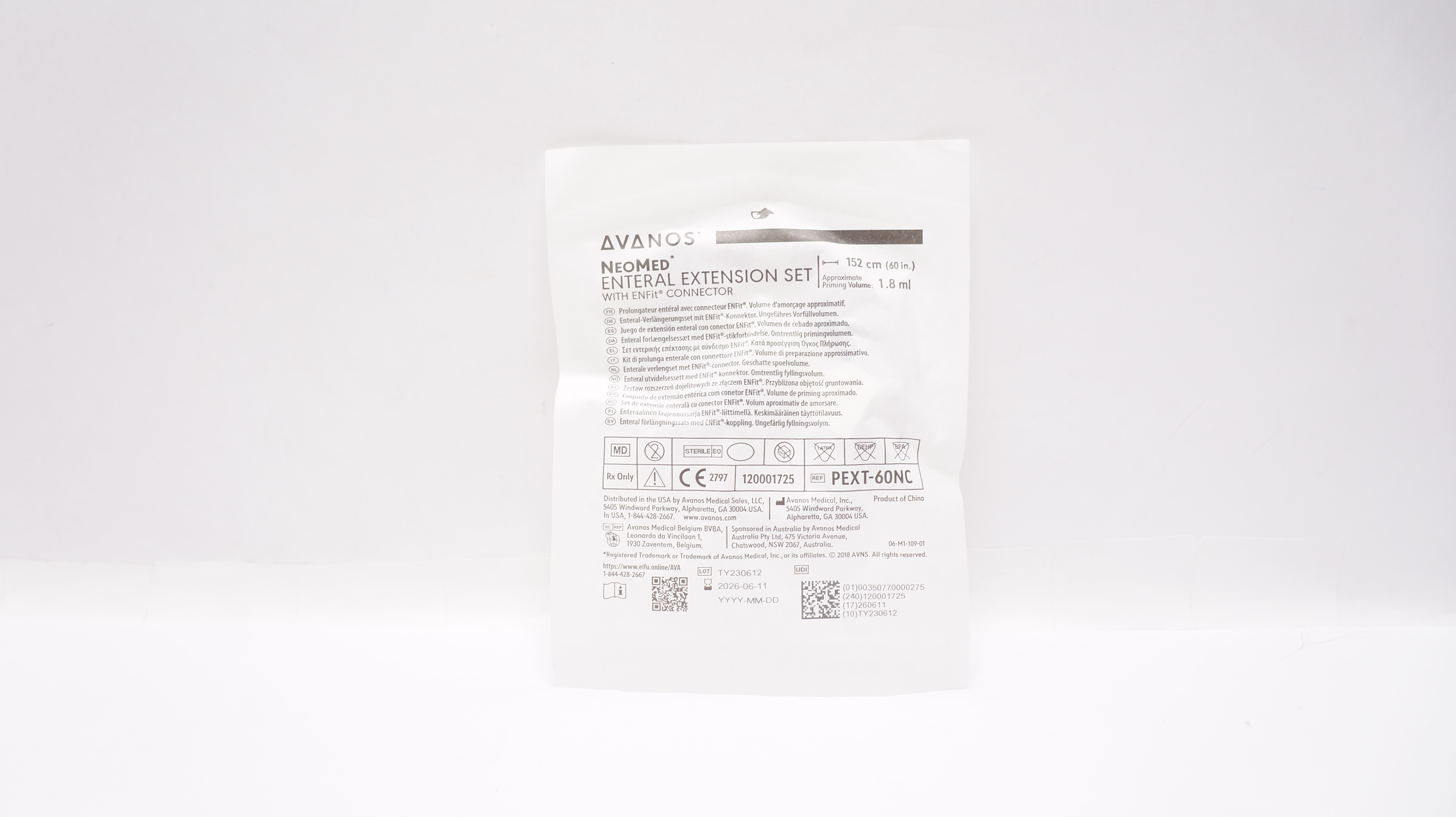 Avanos PEXT-60NC NeoMed Enteral Extension Set w/ENFIT Connector 60inch x 1.8mL