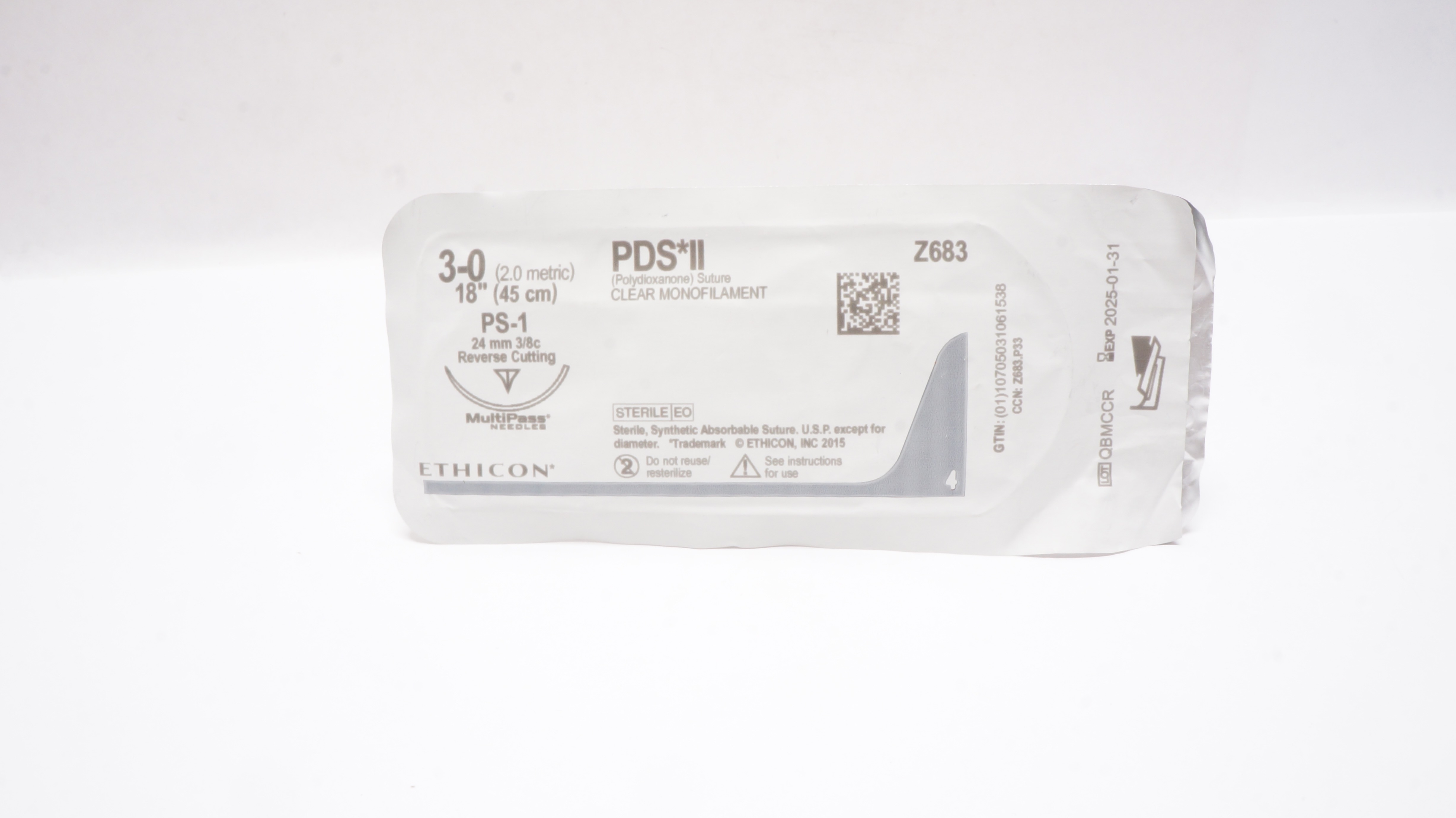 Ethicon Z683 3-0 PDS II, PS-1, 24mm 3/8c Reverse Cutting, 18 inch
