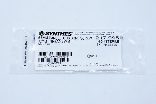 Synthes 217.095 6.5mm Cancellous Bone Screw 32mm Thread/95mm
