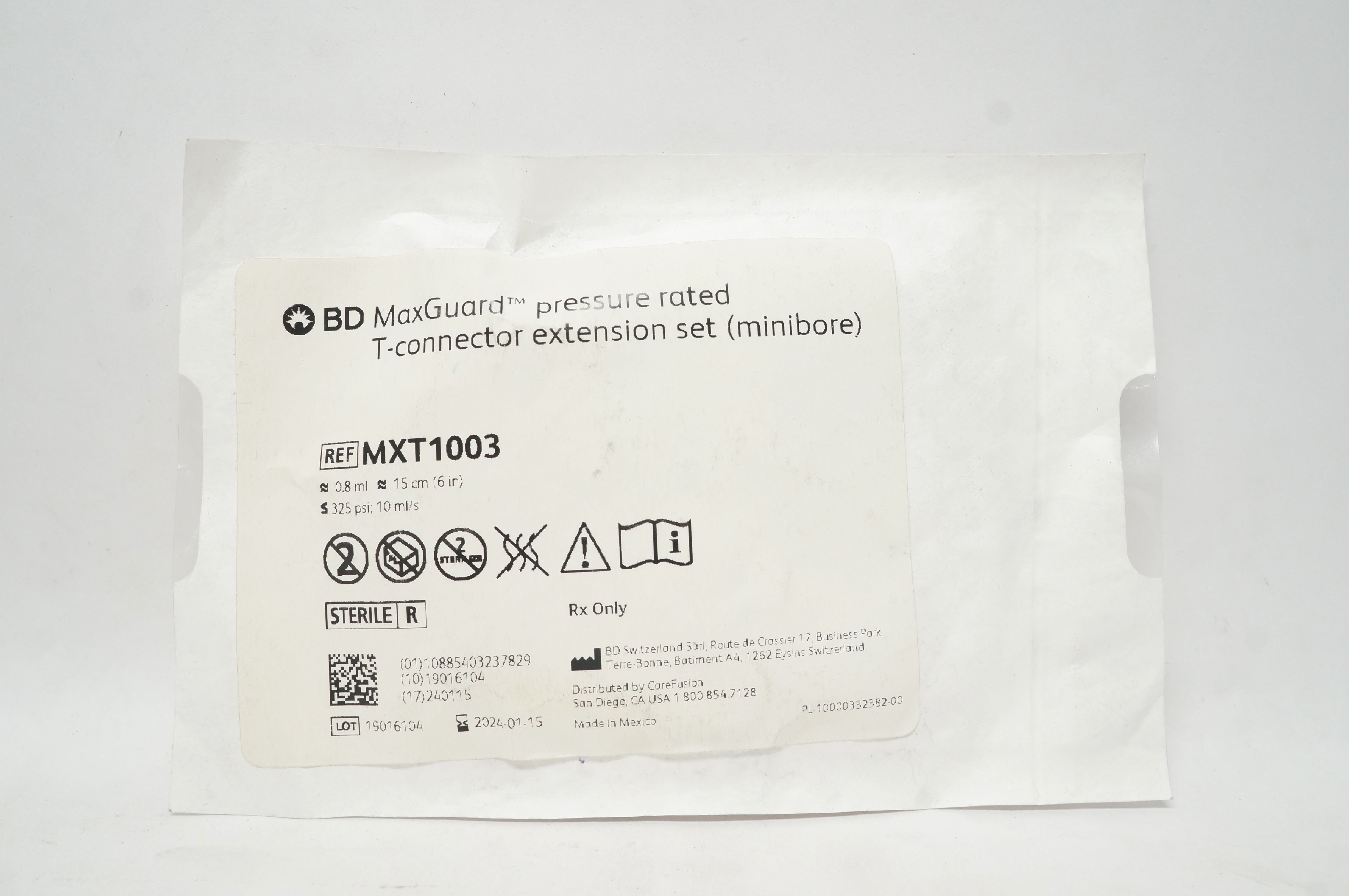CareFusion MXT1003 MaxGuard Pressure Rated T-Connector Extension Set 0.8mlx6inch