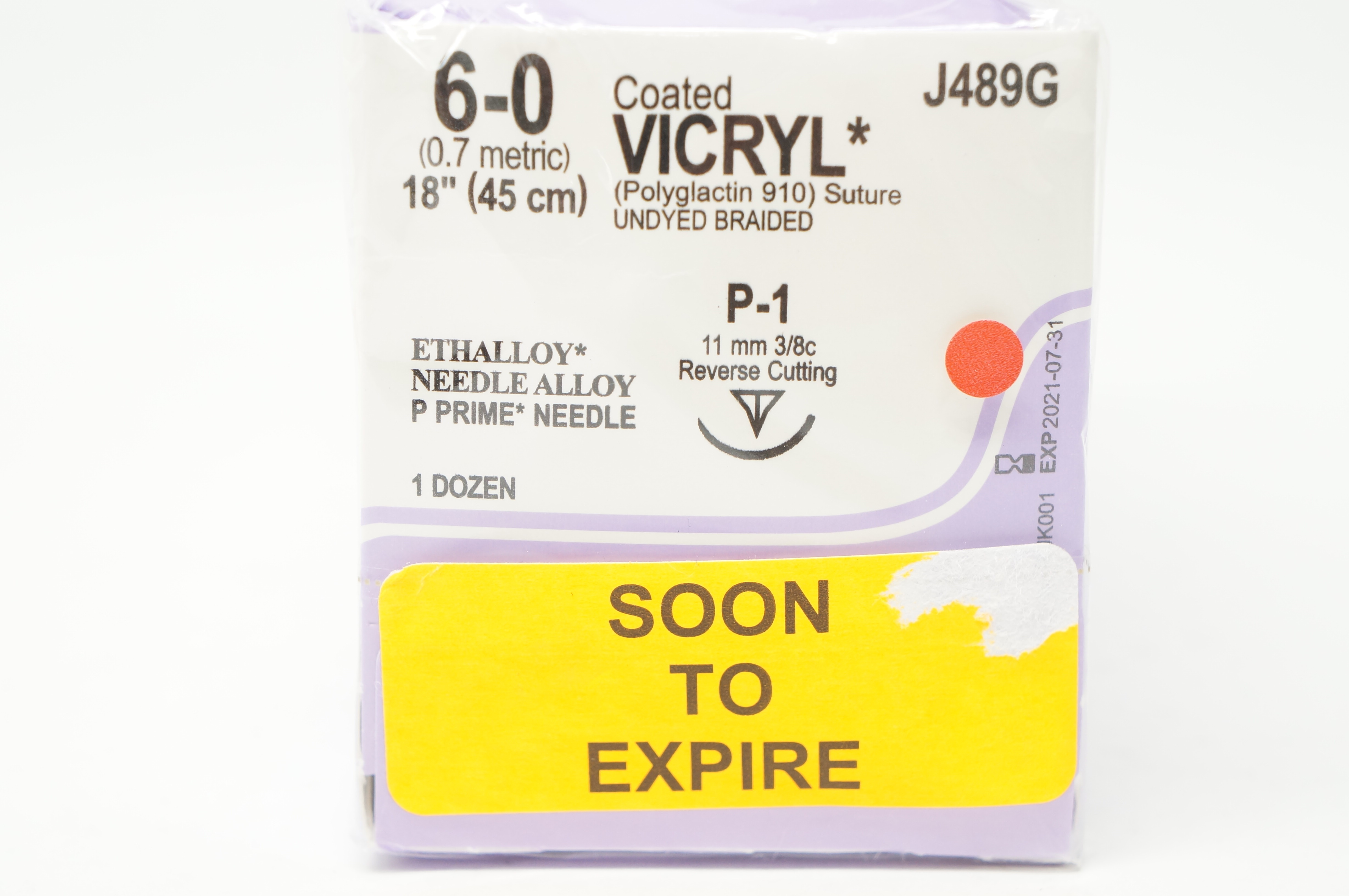 Ethicon J489G 6-0 Coated VICRYL P1 11mm 3/8c Reverse Cutting,18in (x)-Box of 12