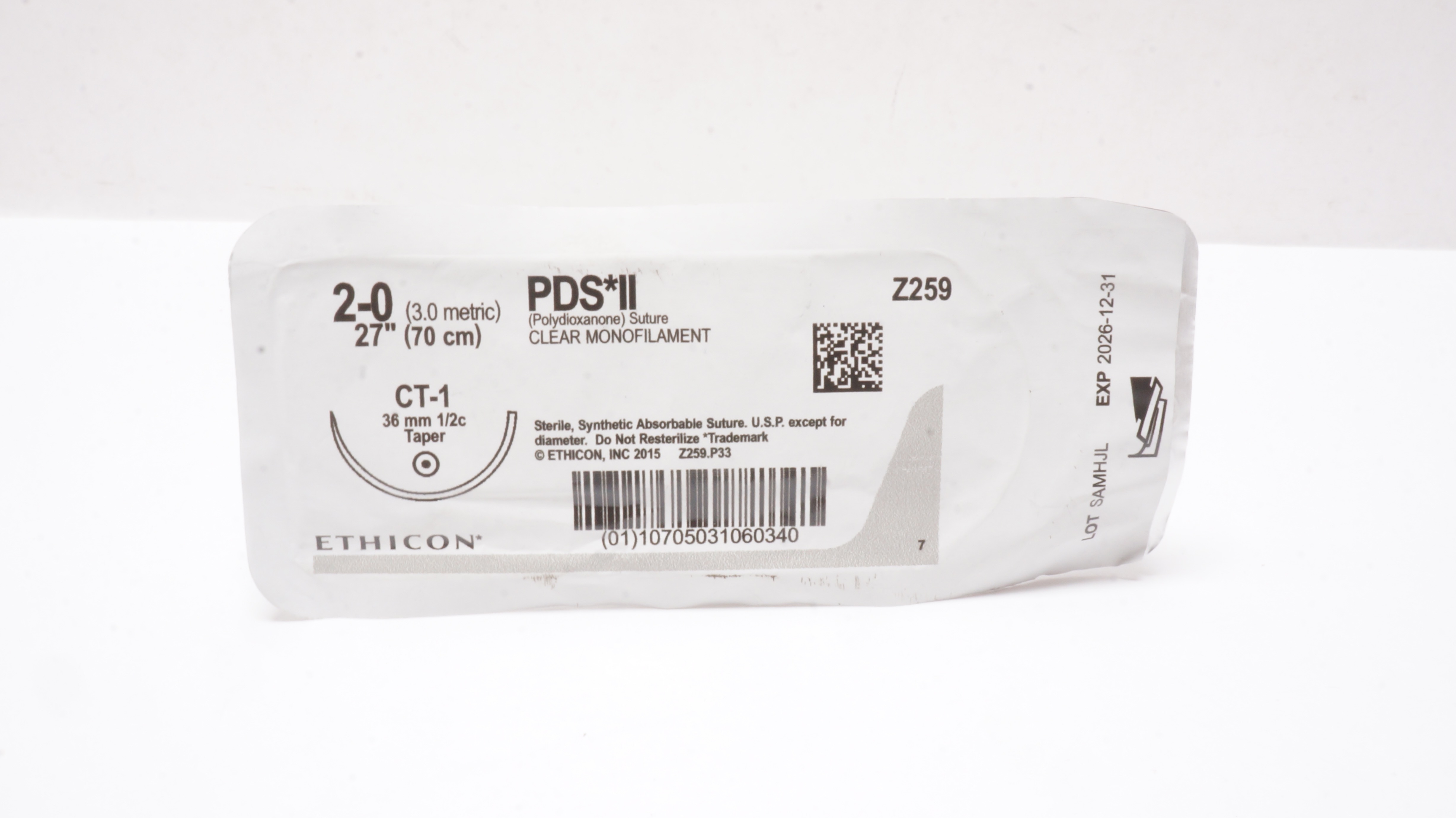 Ethicon Z259 2-0 PDS II Clear Monofilament CT-1 36mm 1/2c Taper 27inch