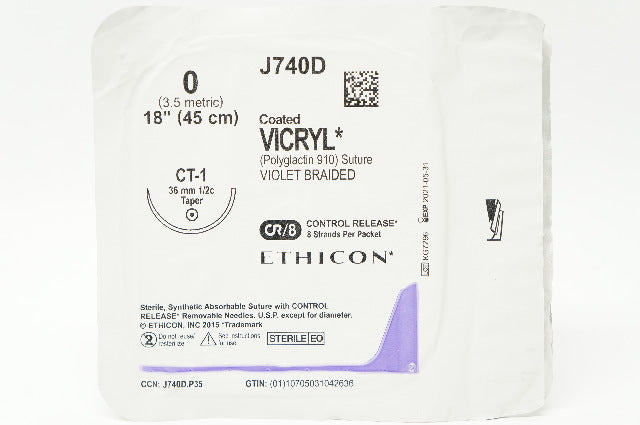 Ethicon J740D 0 Coated VICRYL Violet Braided CT-1 36mm 1/2c Taper, 18inch (x)