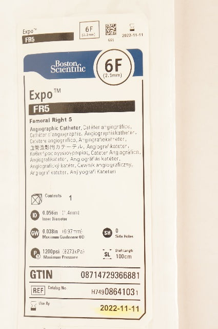 Boston Scientific H74908641031 Expo Femoral Right 5 Angiographic Cath. 6F (x)