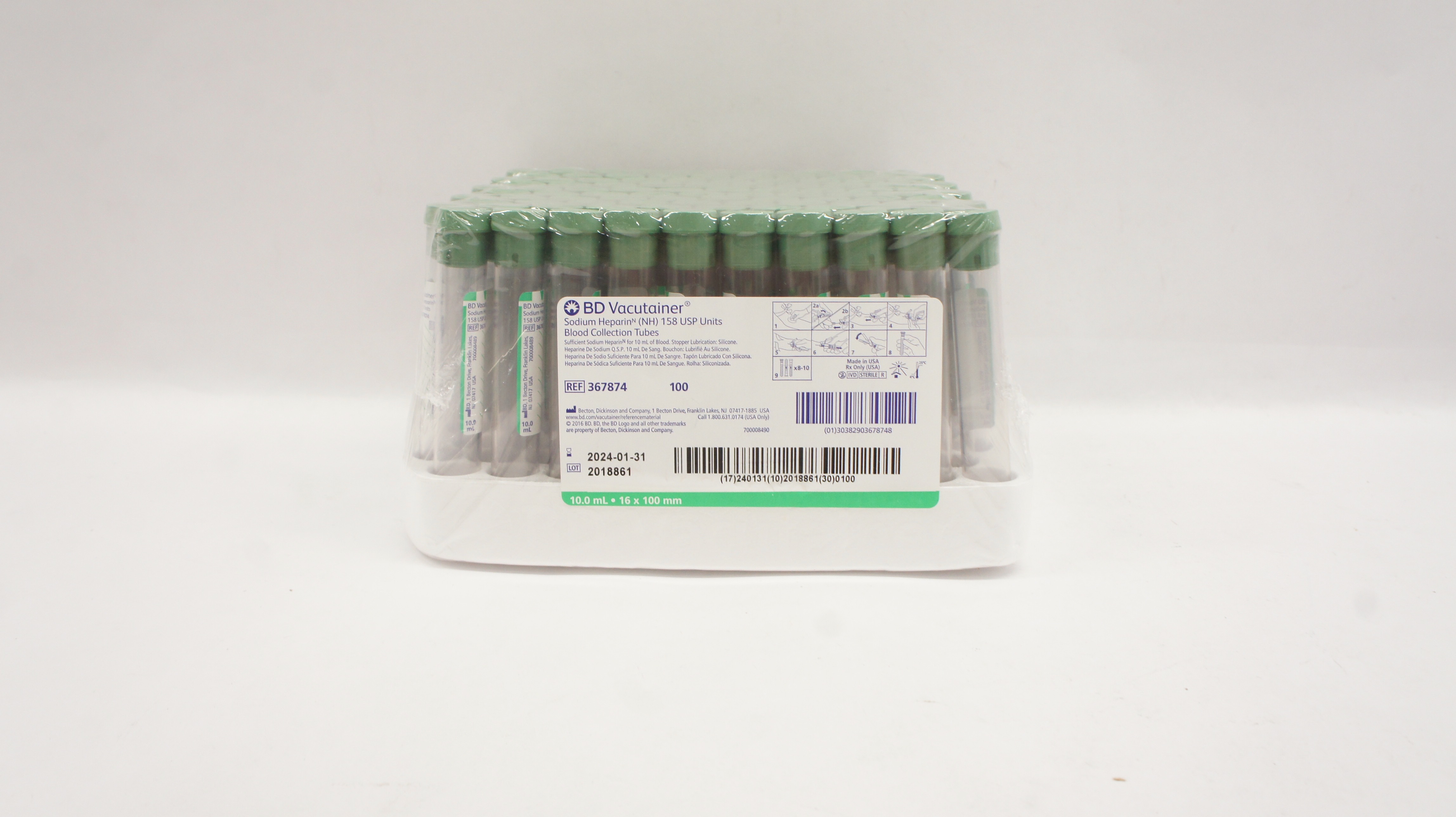 BD 367874 Vacutainer NH Blood Collection Tubes 10.0mL 16 x 100mm - Box of 100