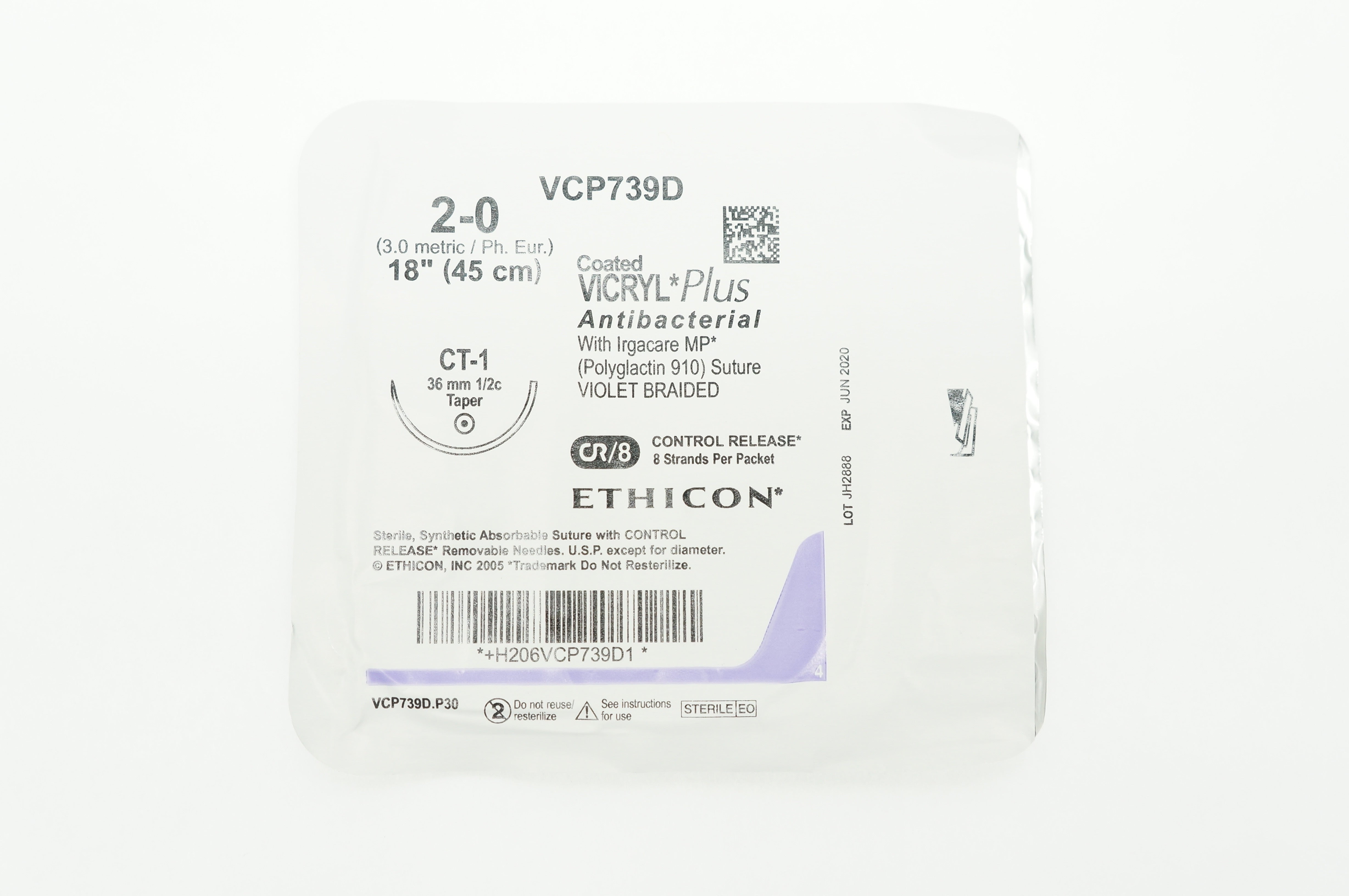 Ethicon VCP739D 2-0 VICRYL Plus CT-1 36mm 1/2c Taper 18 inch (x)