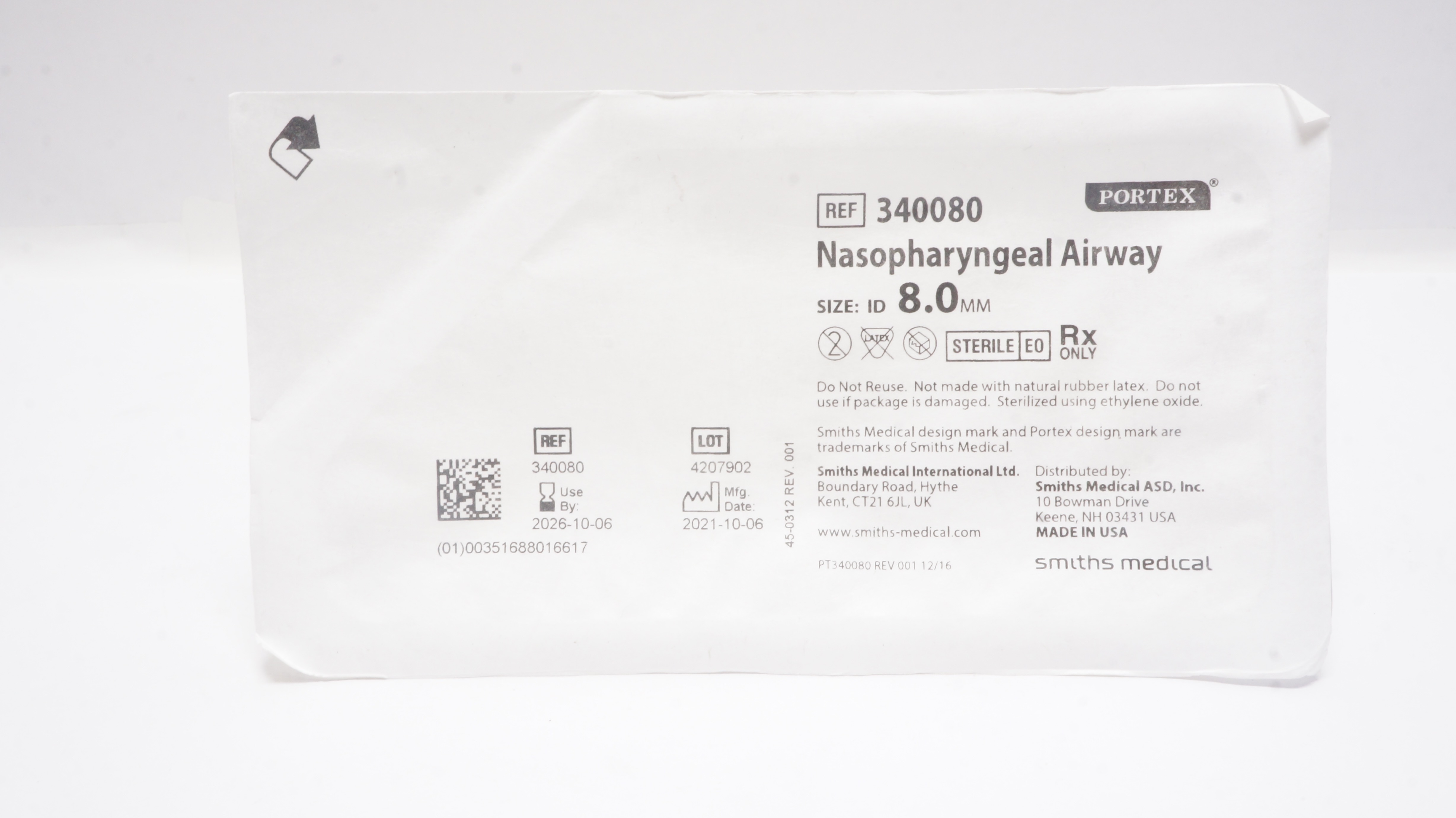 Smiths Medical 340080 Portex Nasopharyngeal Airway 8.0mm ID