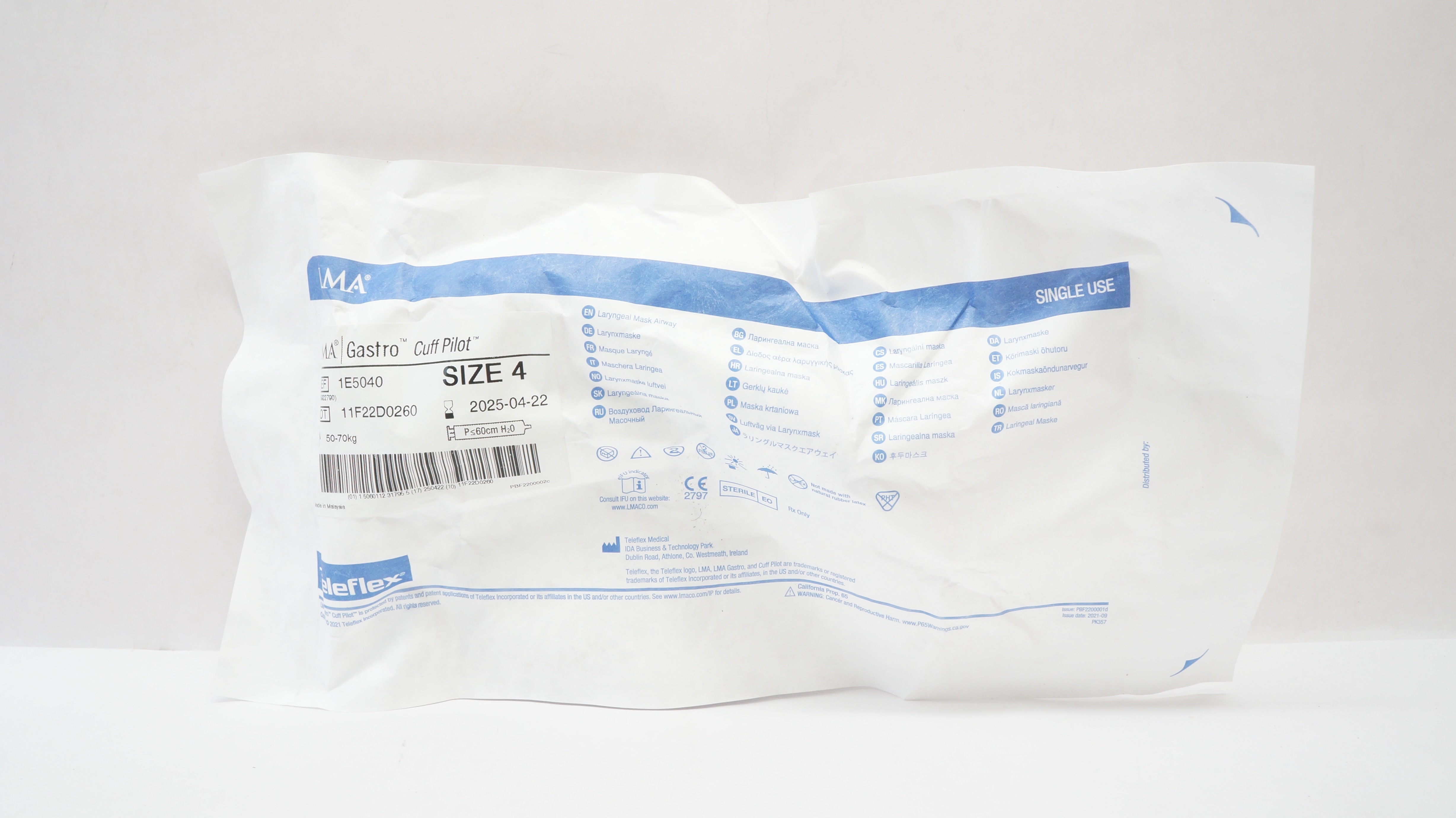 Teleflex 1E5040 Laryngeal Mask Airway Gastro Cuff Pilot Size 4 50-70kg