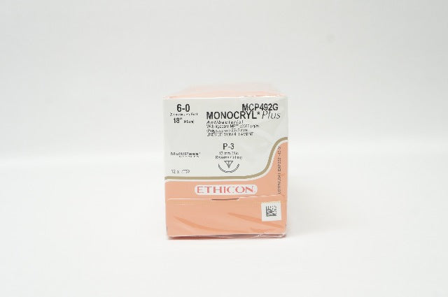 Ethicon MCP492G 6-0 MONOCRYL Plus P-3 13mm 3/8c 18inch - Box of 12 (x)