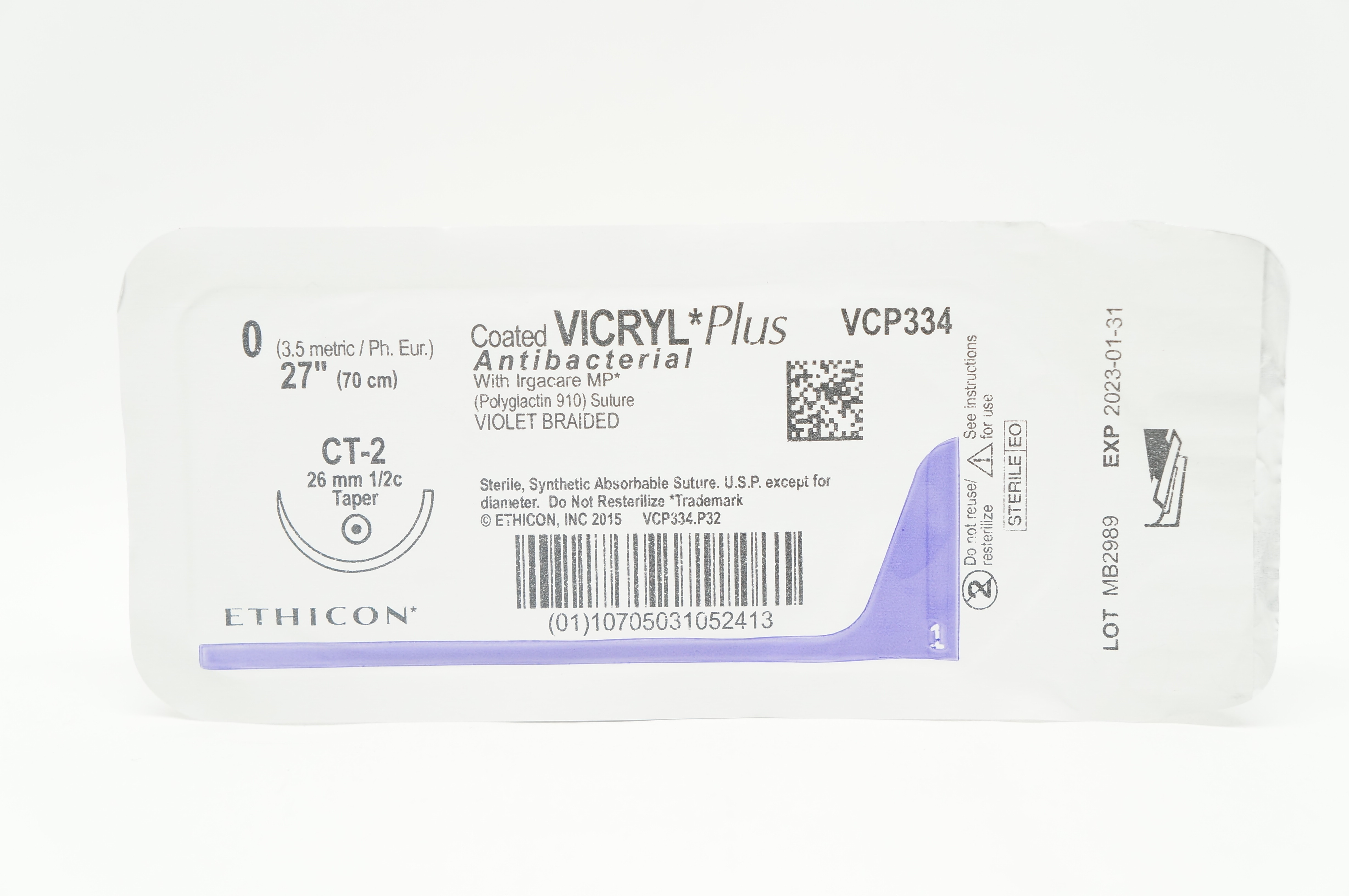 Ethicon VCP334 0 VICRYL PLUS, CT-2, 26mm 1/2c Taper, 27 inch