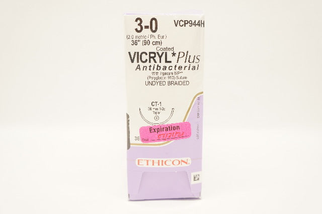 Ethicon VCP944H 3-0 Coated VICRYL Plus, CT-1 36mm 1/2c Taper, 36in (x)-Box of 36