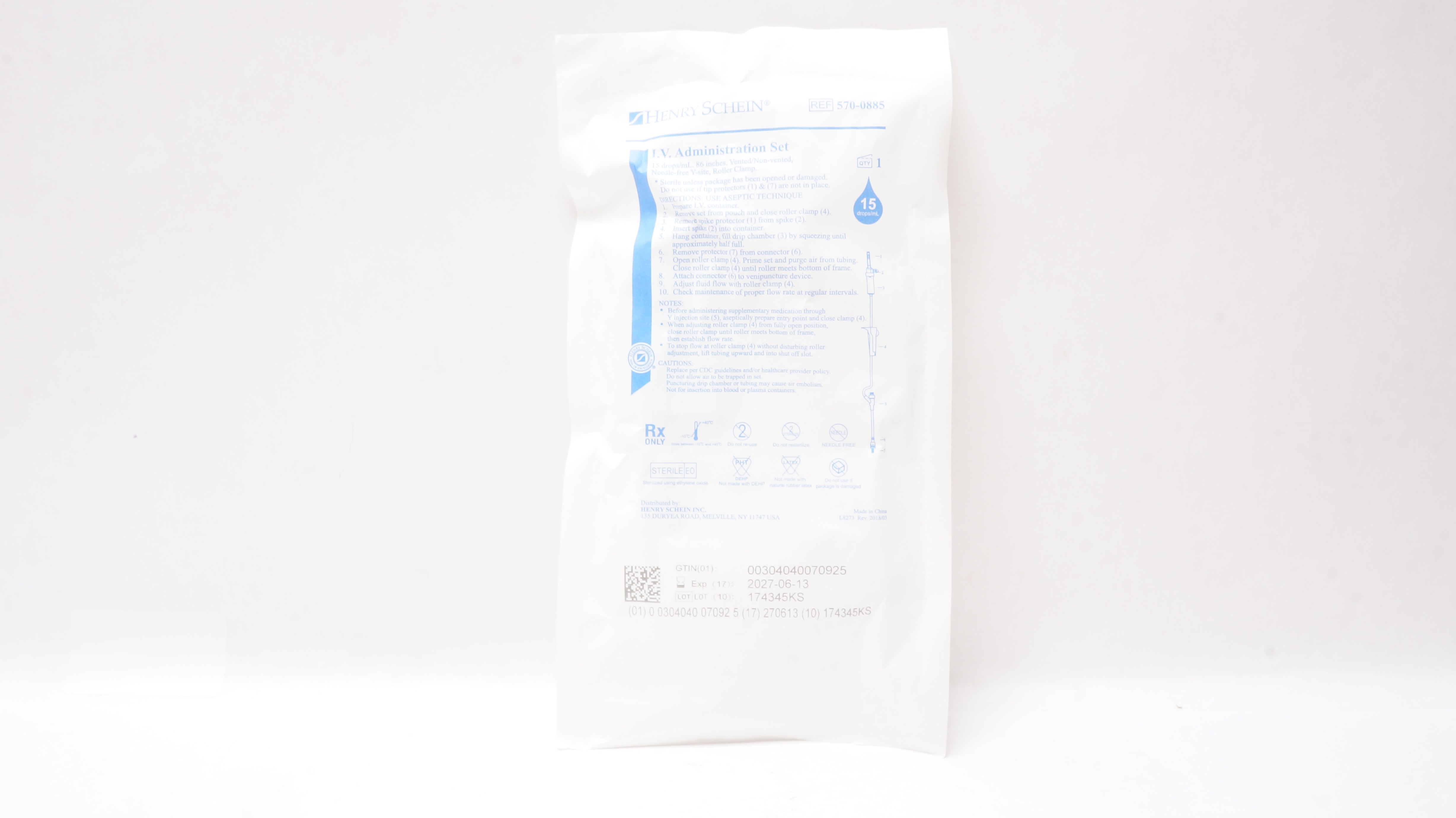 Henry Schein 570-0885 I.V. Administration Set 15drops/mL 86In