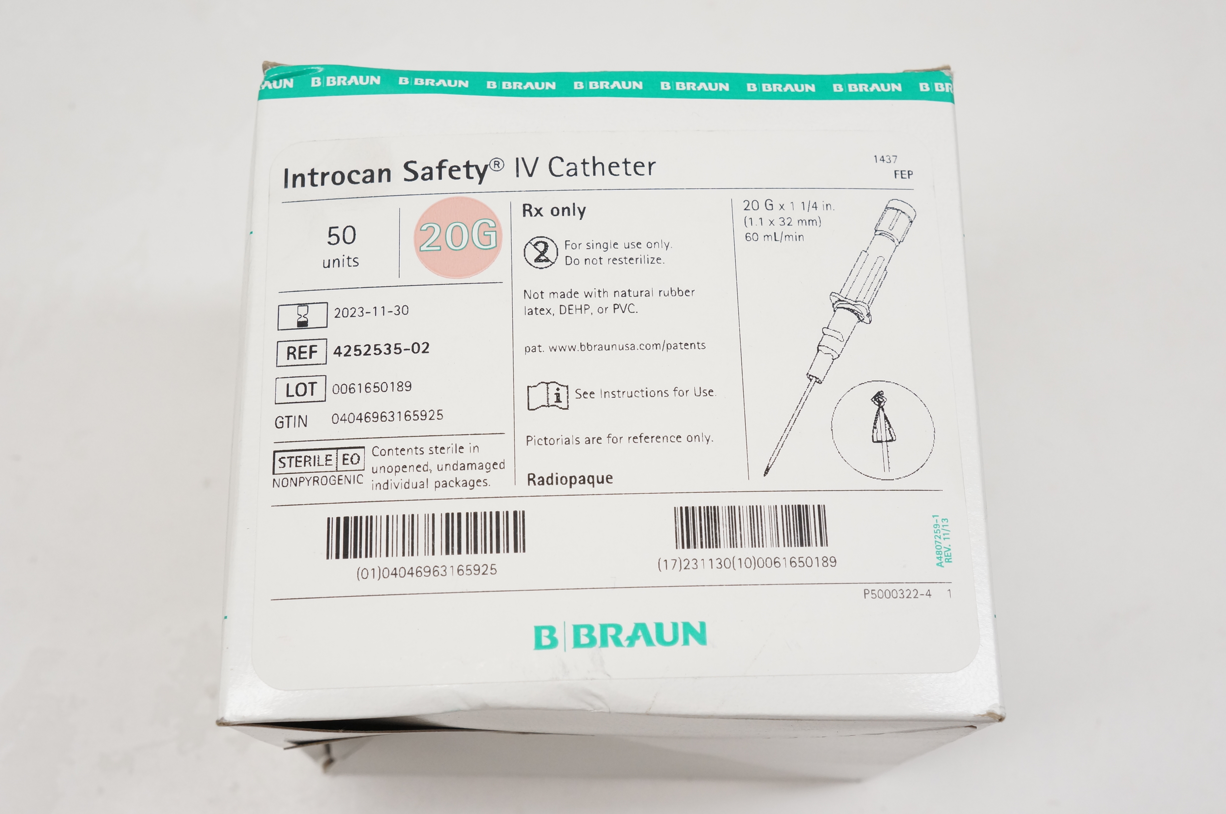Braun 4252535-02 Introcan Safety IV Cath. 20G x 1-1/4inch - Box of 50