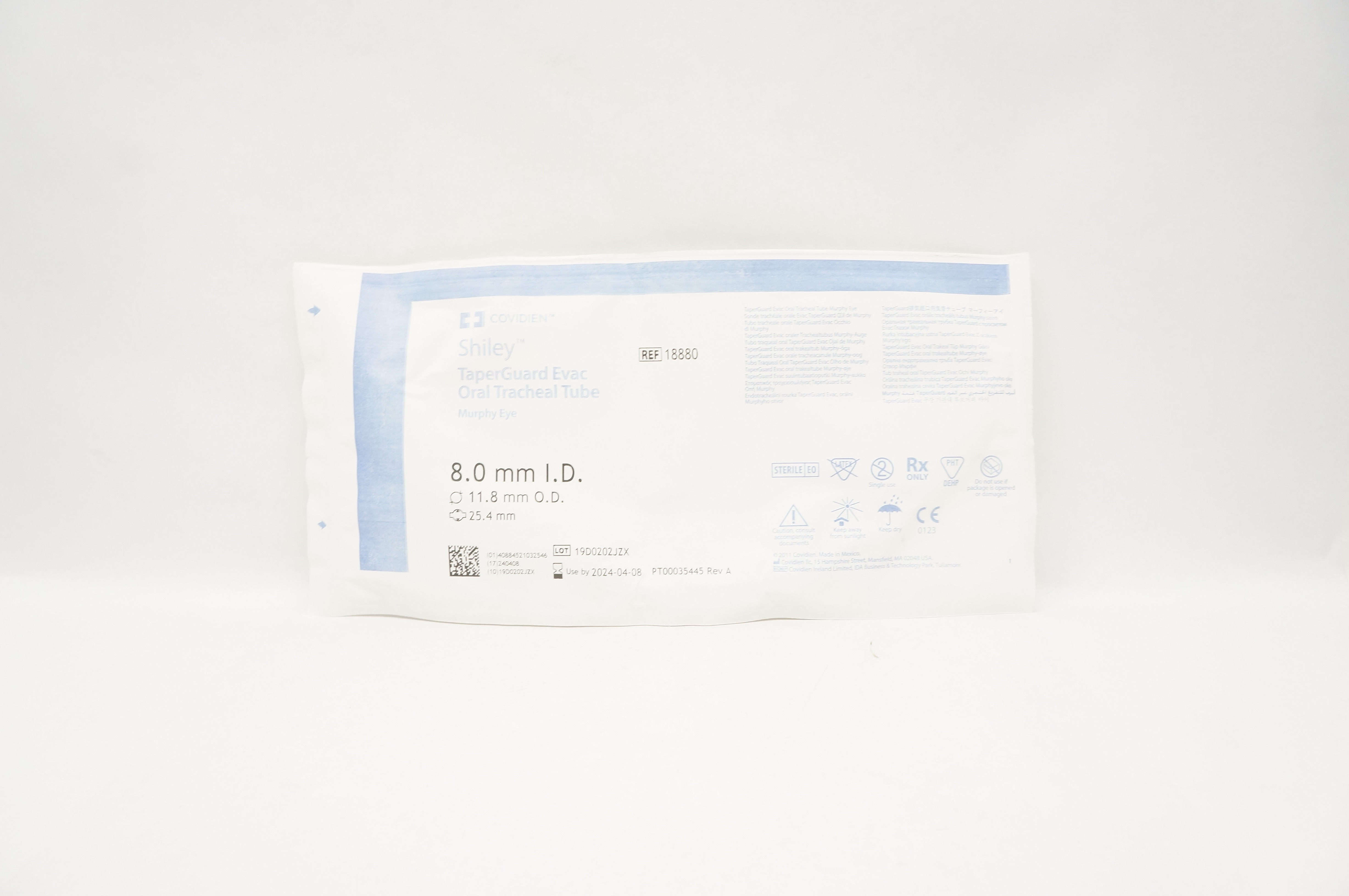 Covidien 18880 Shiley TaperGuard Evac Oral Tracheal Tube 8.0 x 11.8 x 25.4mm