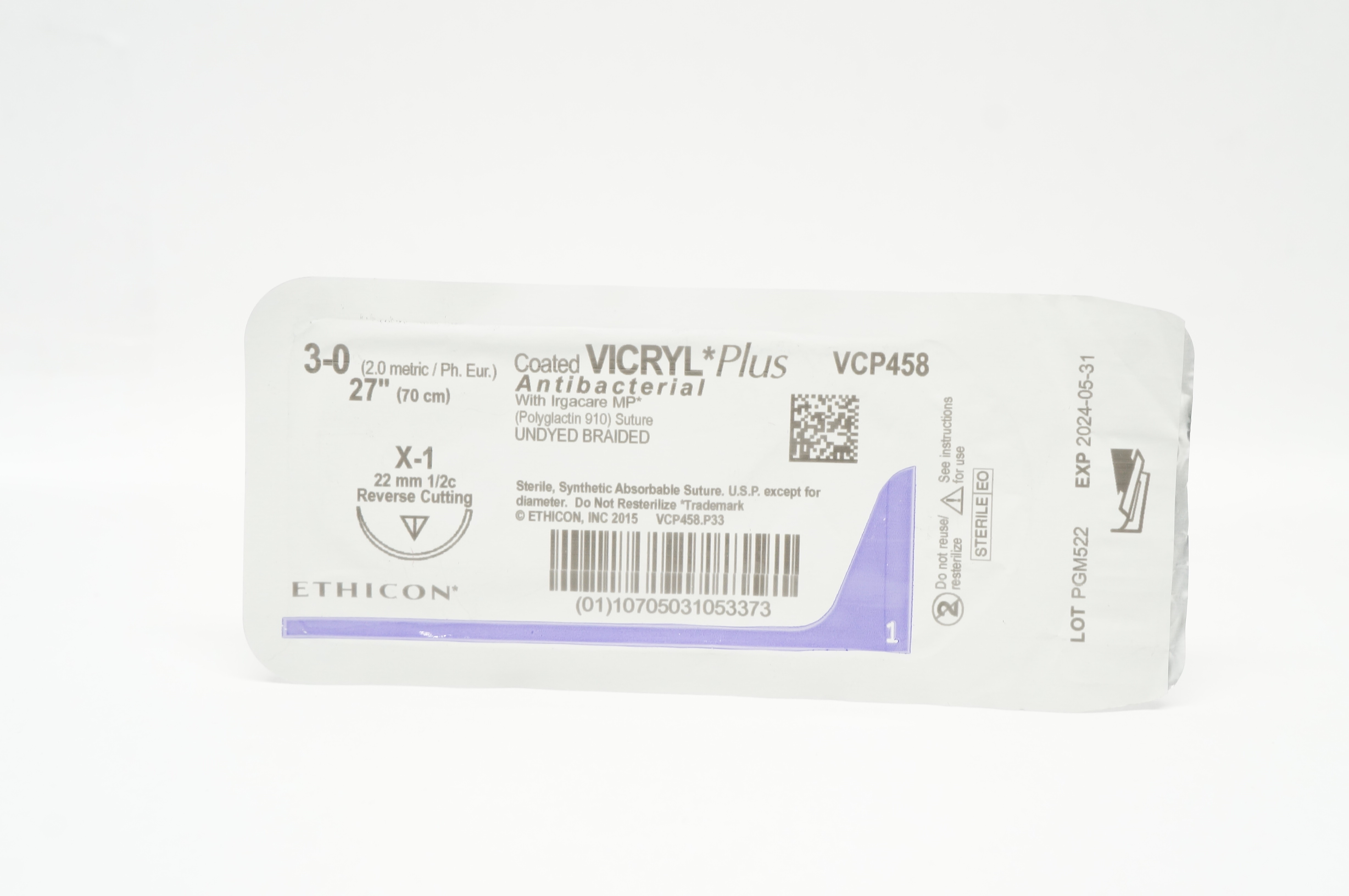 Ethicon VCP458 3-0 Vicryl Plus X-1 22mm 1/2c 27inch