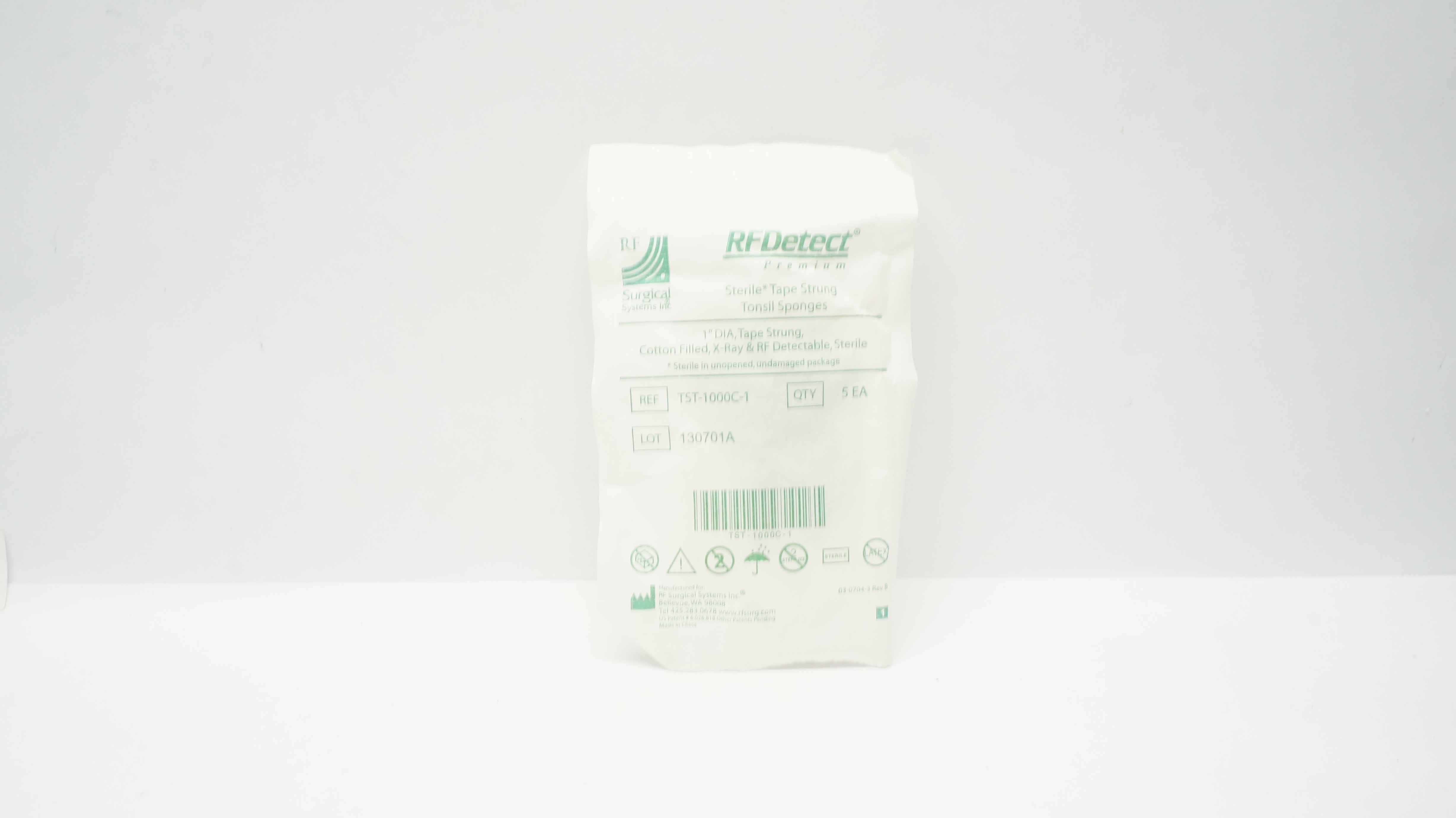 RF Surgical TST-1000C-1 RFDetect DIA 1inch Tape Strung Tonsil Sponge - Pack of 5