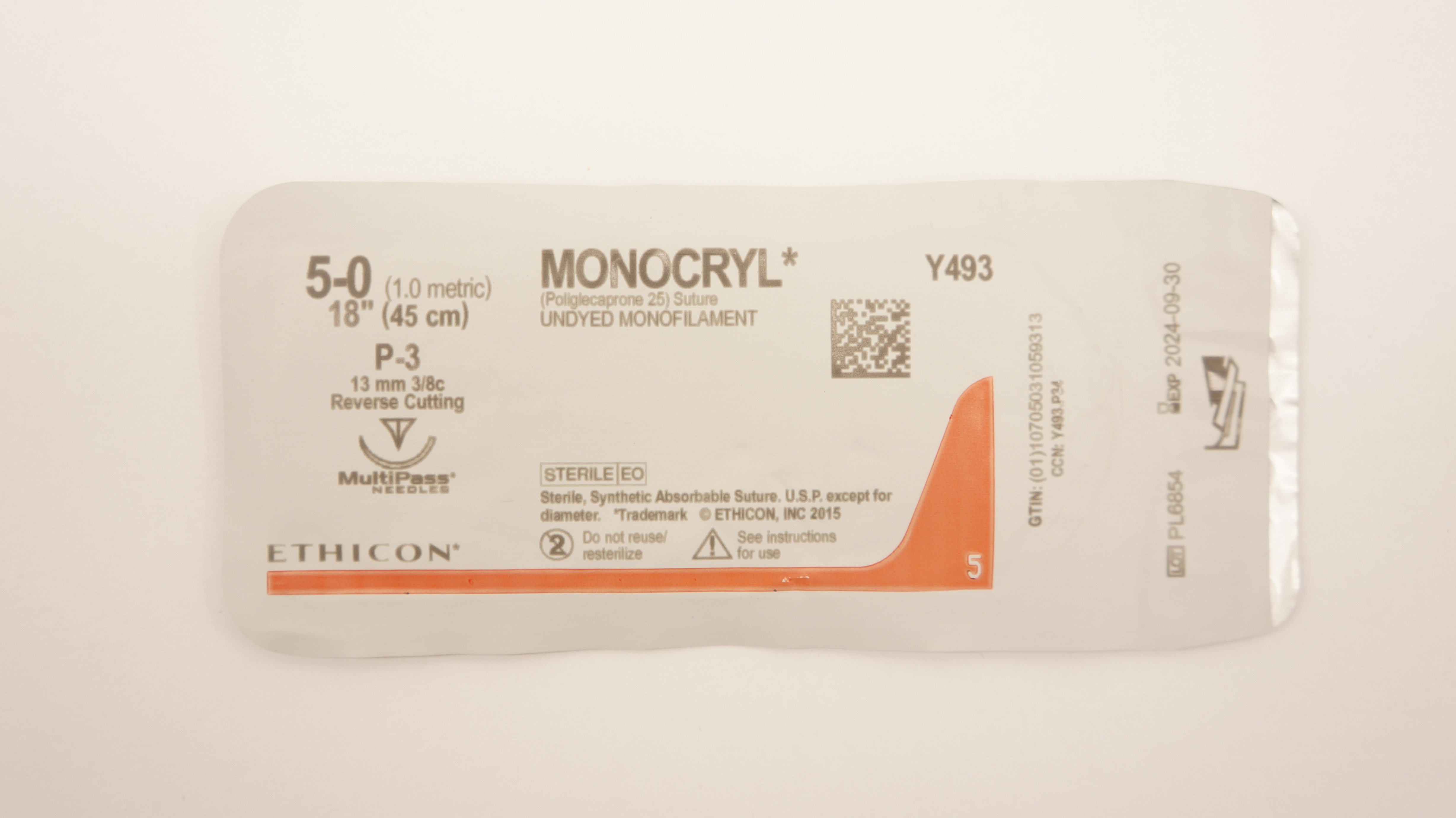 Ethicon Y493 5-0 Monocryl Stre P-3 13mm 3//8c Reverse Cutting, 18inch