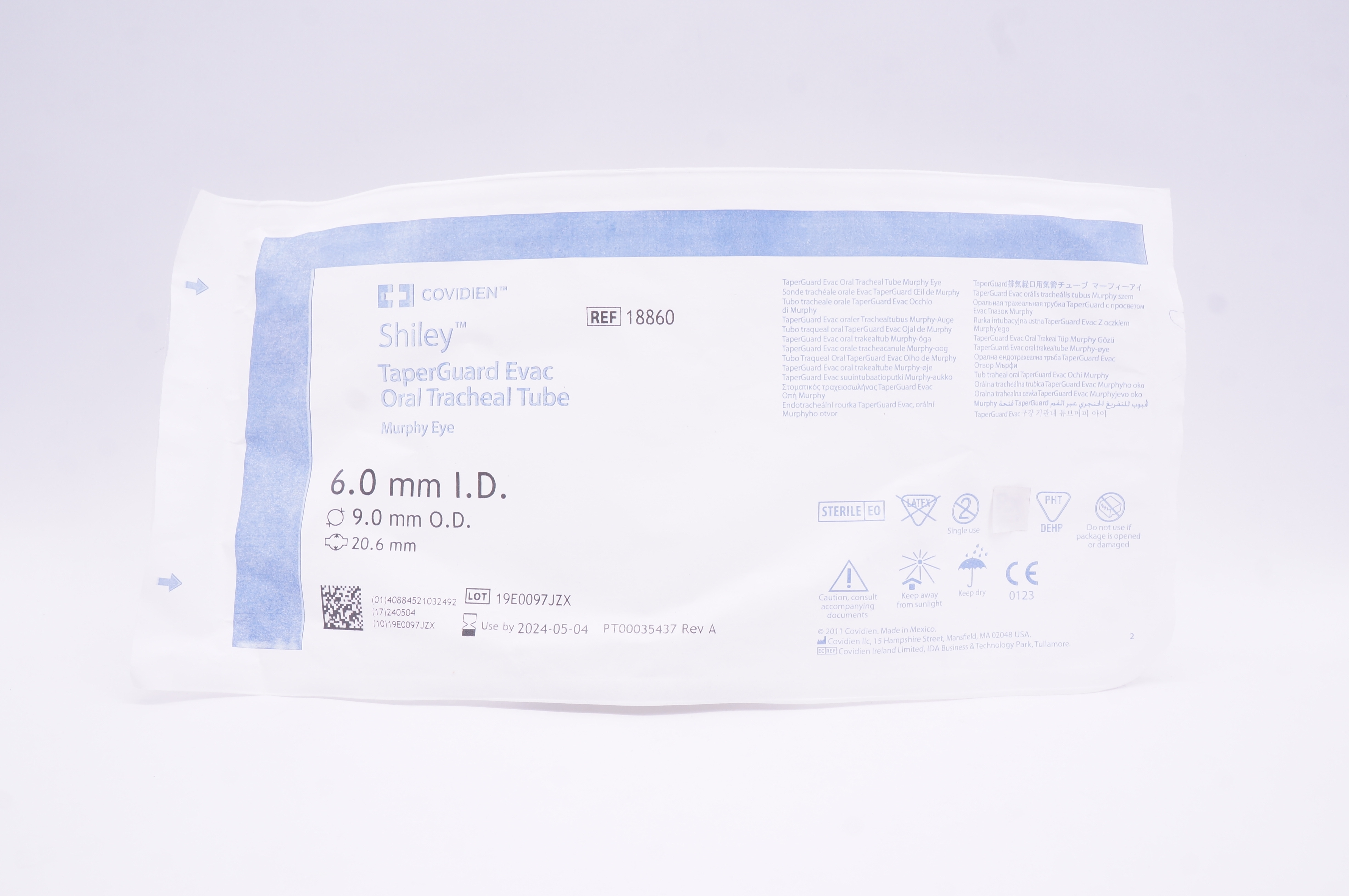 Covidien 18860 Shiley TaperGuard Evac Oral Tracheal Tube 6.0 x 9.0 x 20.6mm