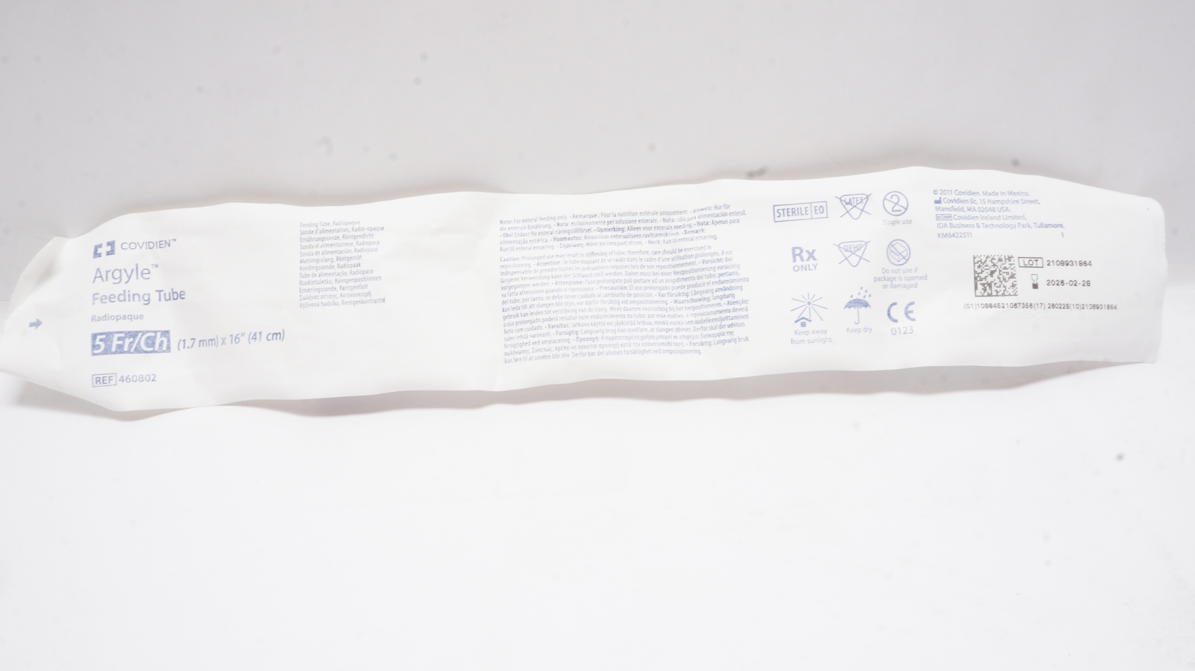 Covidien 460802 Argyle Feeding Tube Radiopaque 5Fr/Ch x 16inch
