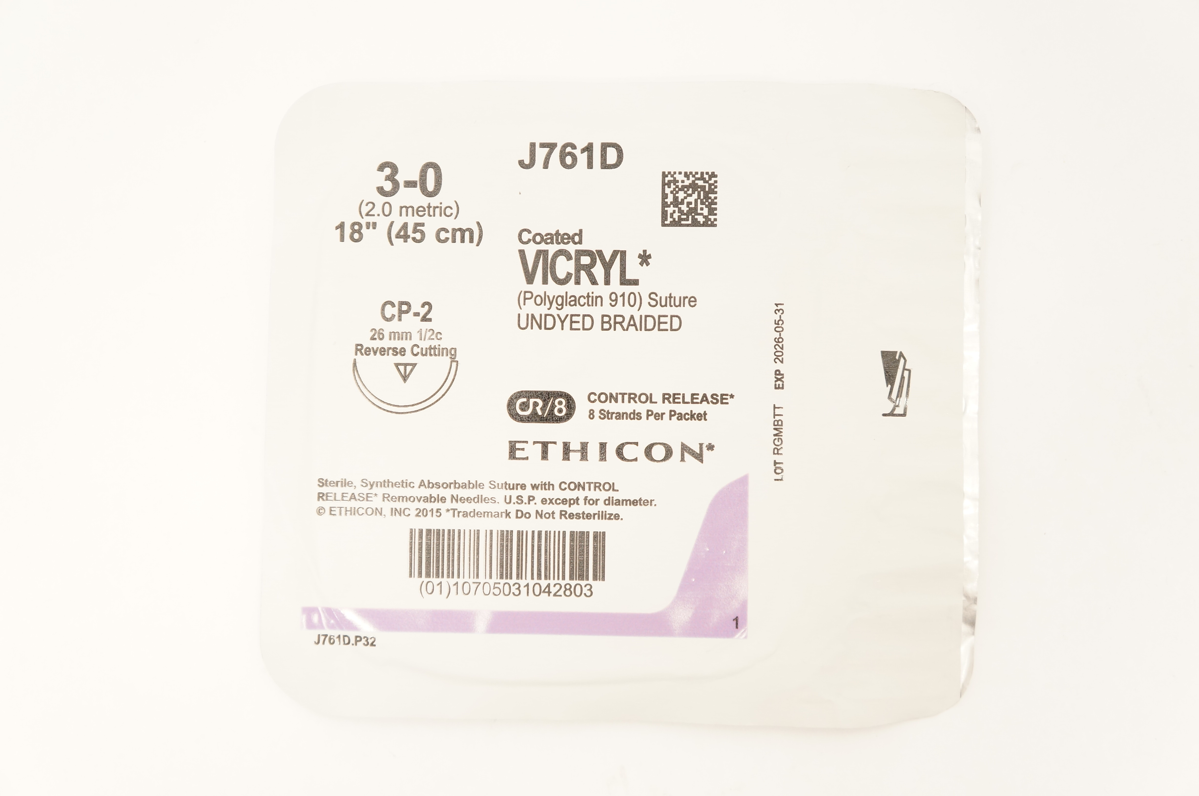 Ethicon J761D 3-0 Coated VICRYL CP-2 26mm 1/2c Reverse Cutting 18inch