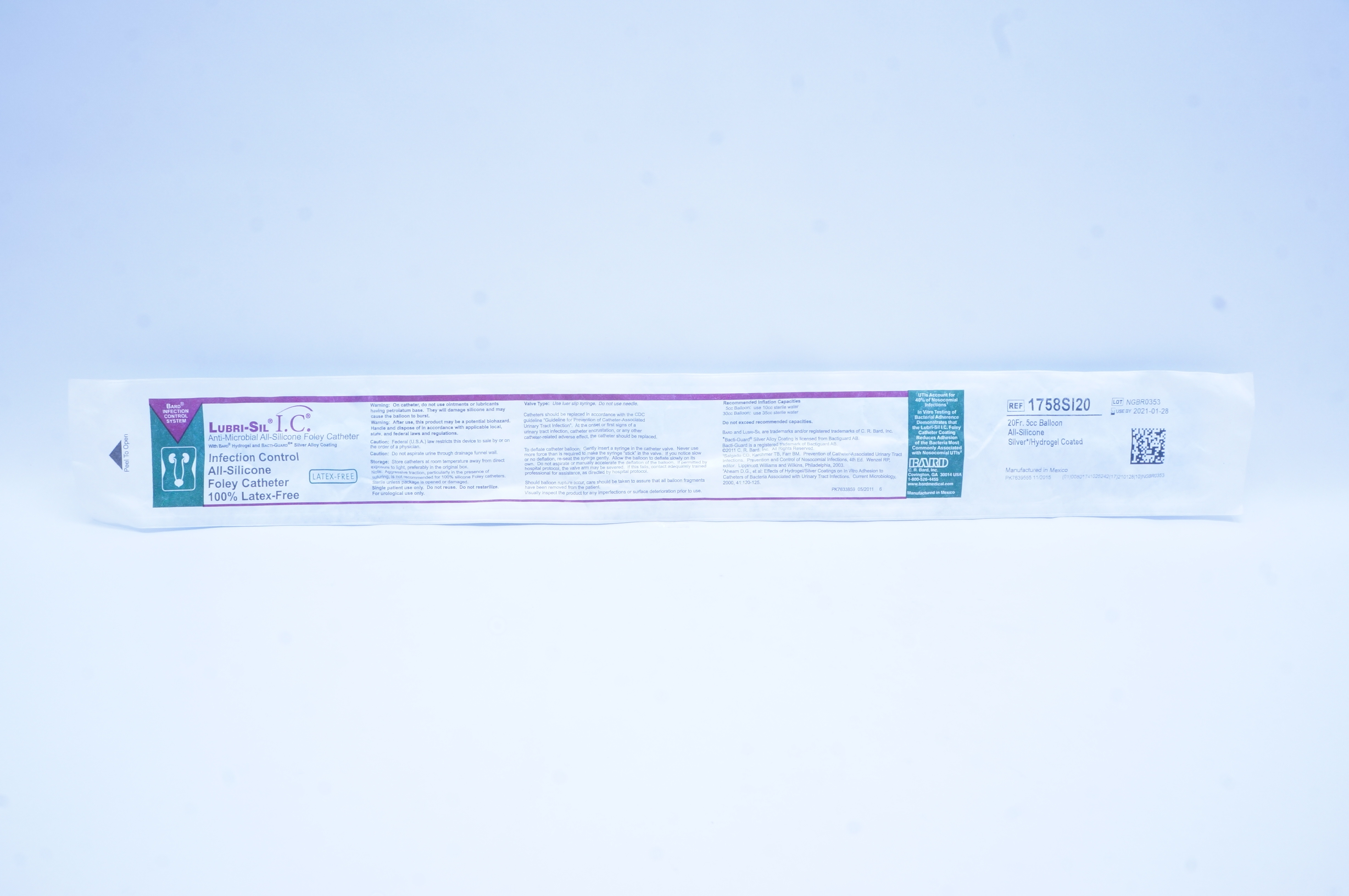 Bard 1758SI20 All-Silicone Silver Hydrogel Coated Foley Cath. 20 Fr. 5cc Balloon
