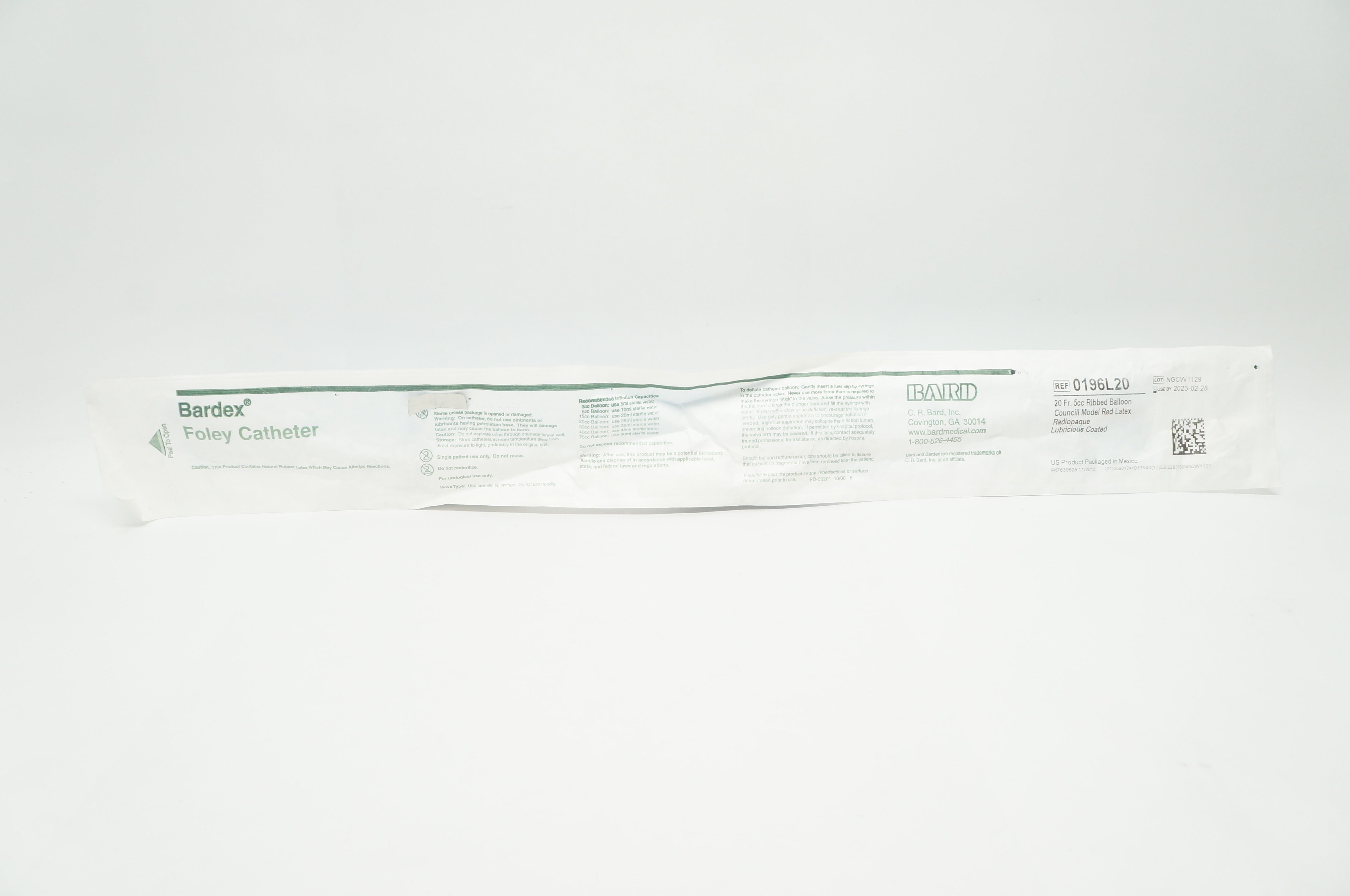 Bard 0196L20 Bardex Foley Cath. Ribbed Balloon, Councill Model 20Fr. 5cc (x)