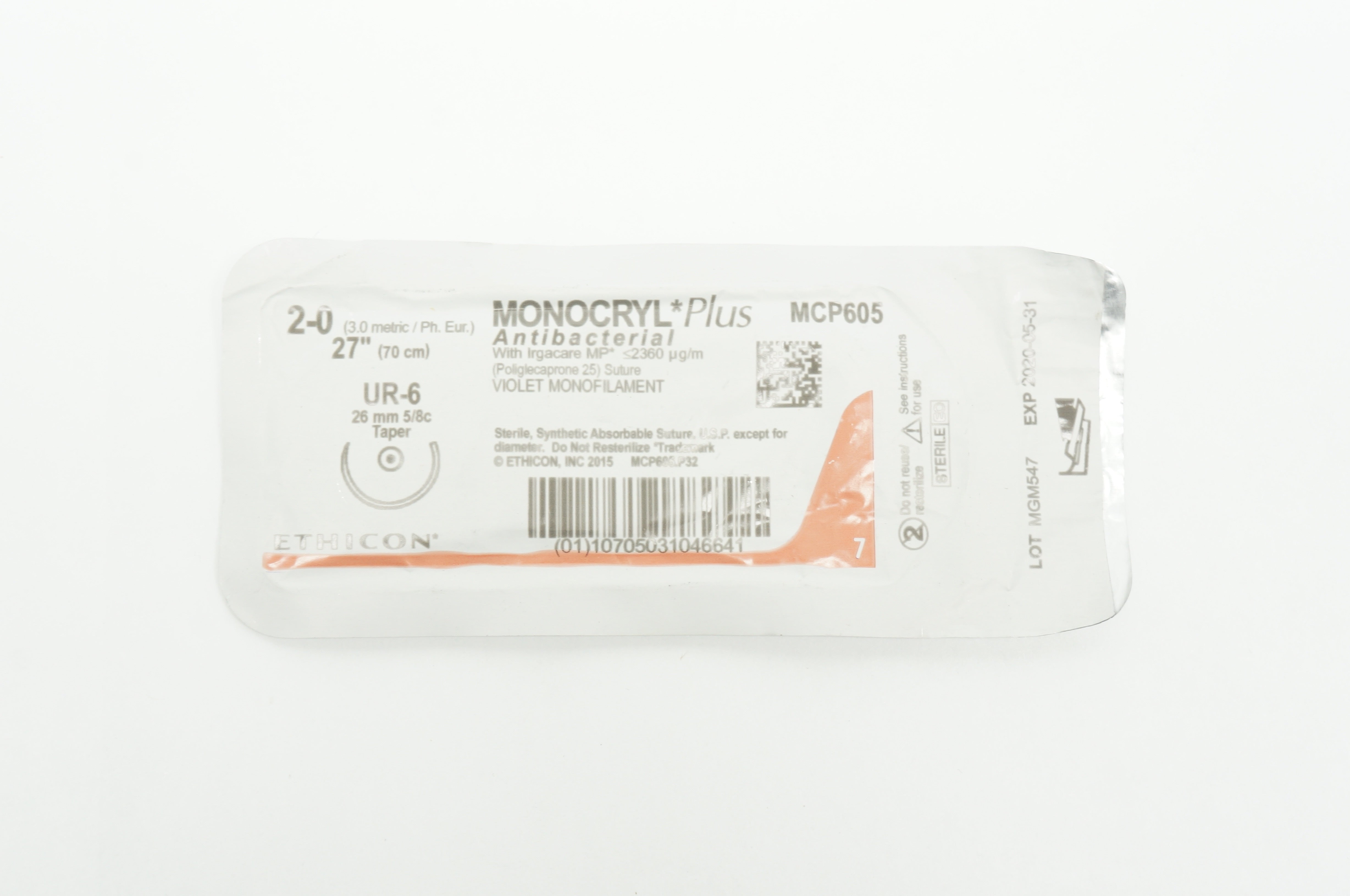 Ethicon MCP605 2-0 MONOCRYL Plus, UR-6, 27inch (x)