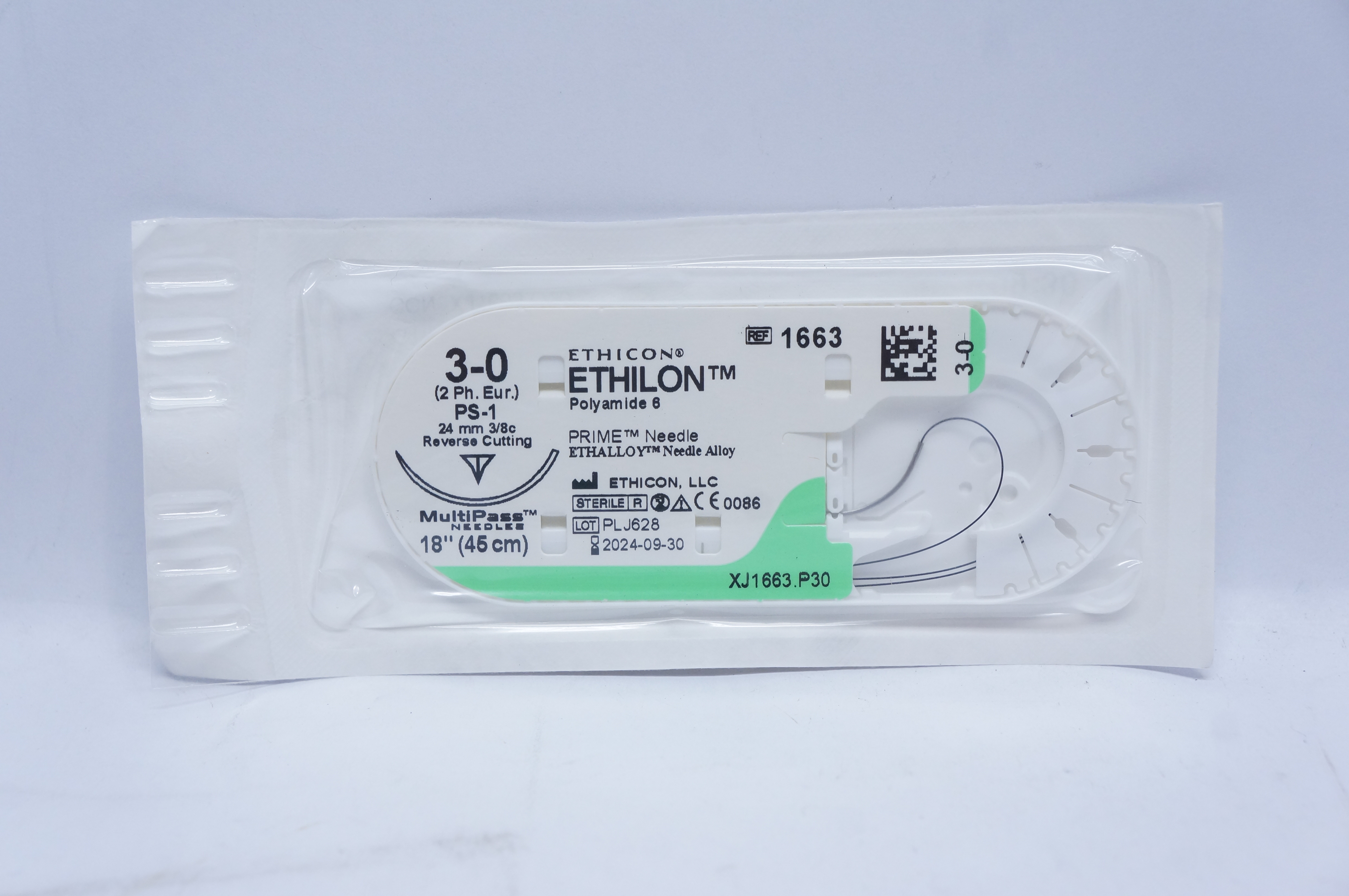 Ethicon 1663 3-0 ETHILON, PS-1, 24mm 3/8c Reverse Cutting, 18inch
