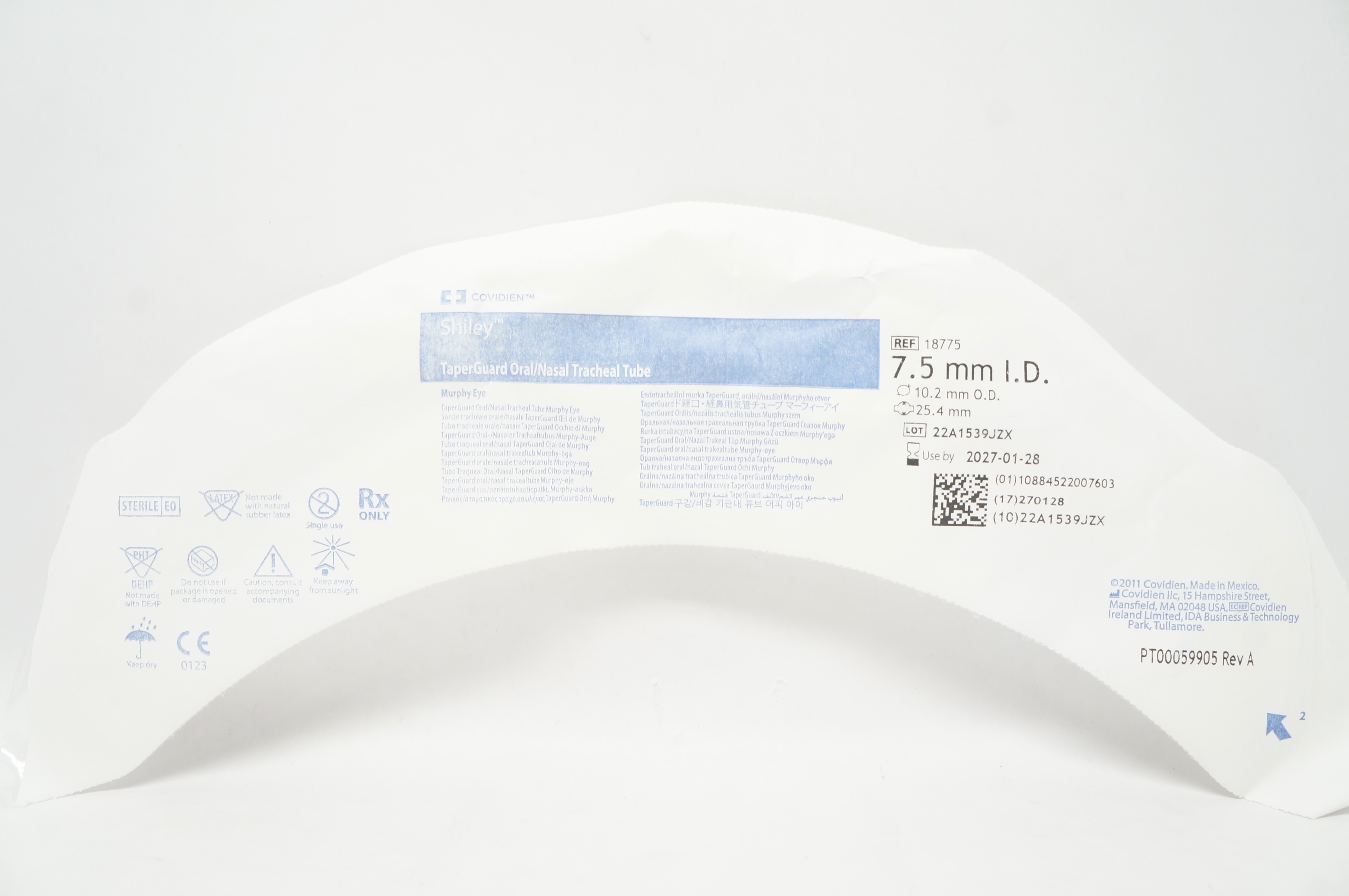 Covidien 18775 Shiley TaperGuard Oral/Nasal Tracheal Tube 7.5ID x 10.2OD x 25.4m