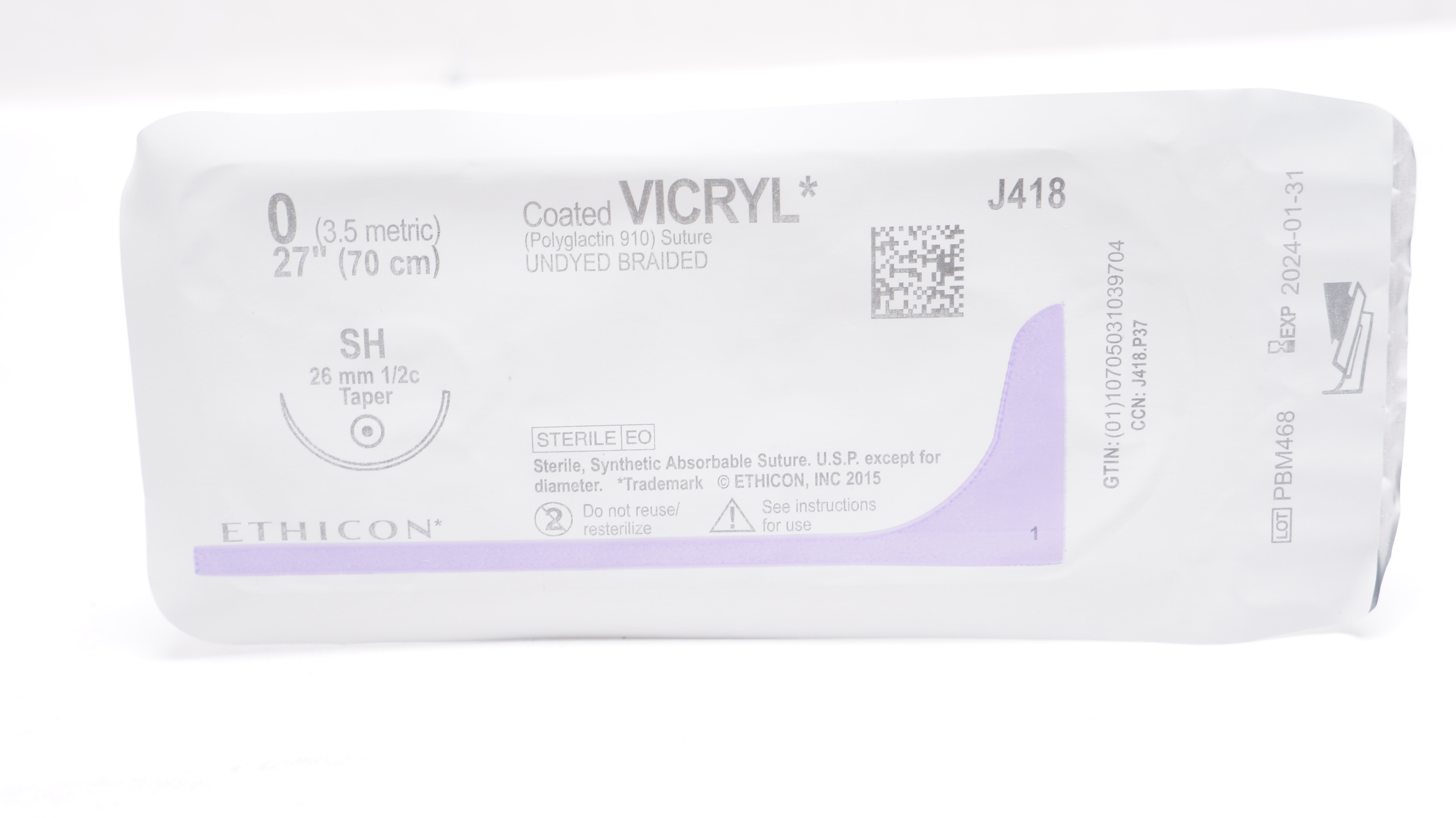 Ethicon J418 0 Coated VICRYL Stre SH 26mm 1/2c Taper, 27inch (x)