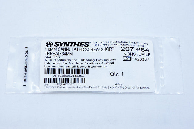 Synthes 207.664 4.0mm Cannulated Screw Short Thread 64mm