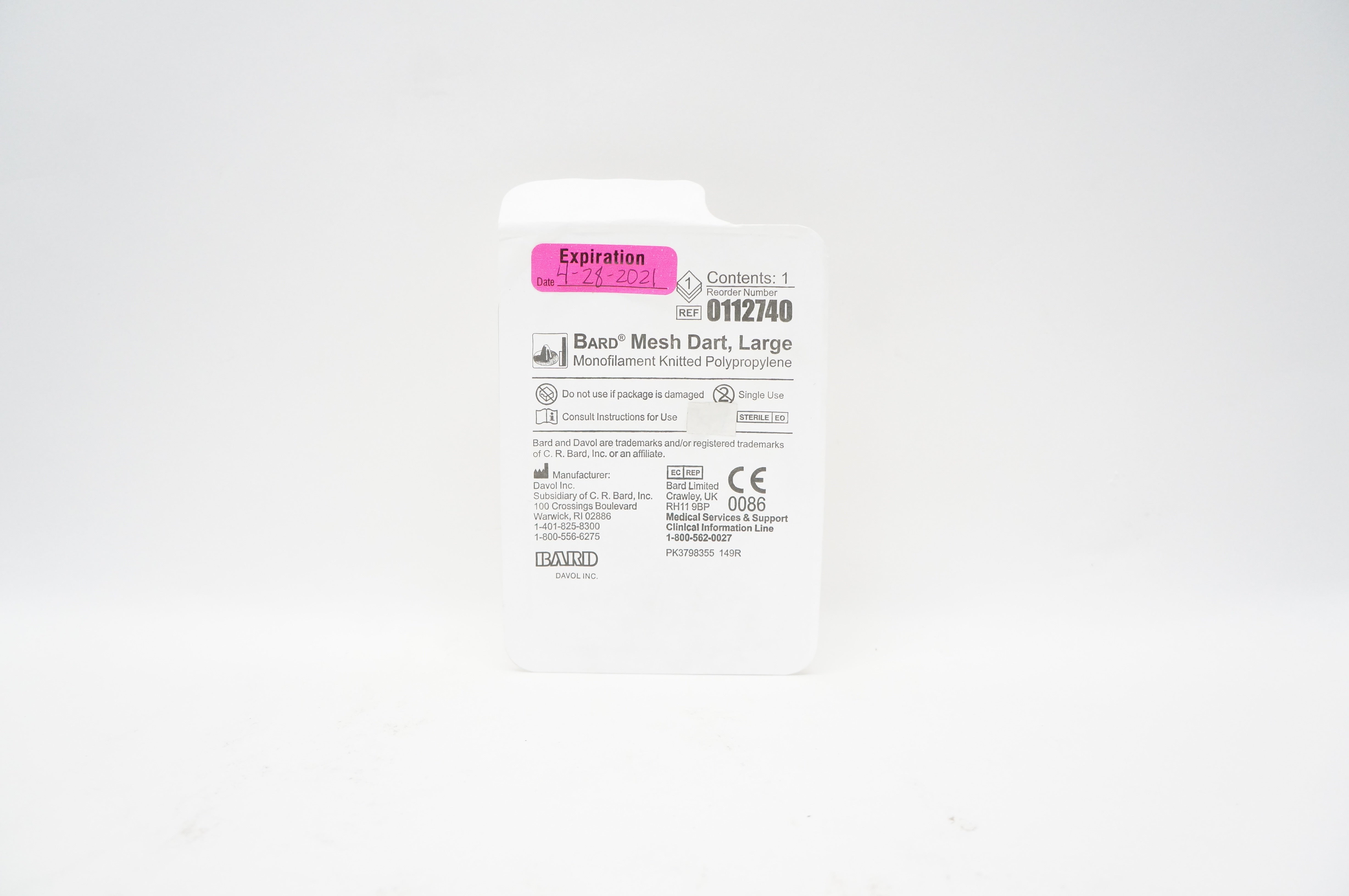 Bard 0112740 Davol Mesh Dart, Large Monofilament Knitted Polypropylene (x)