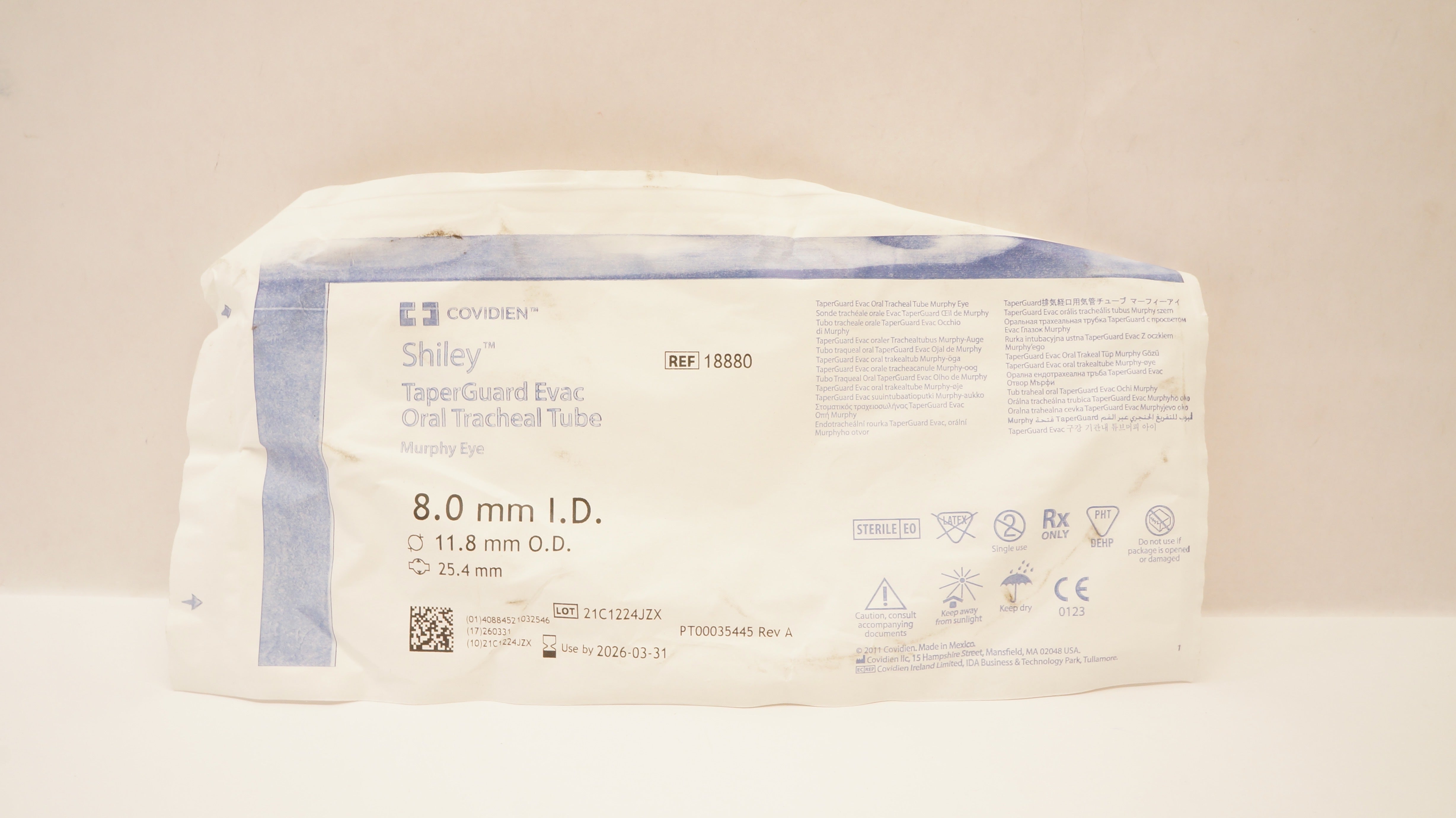 Covidien 18880 Shiley TaperGuard Evac Oral Tracheal Tube 8.0ID x 11.8OD x 25.4mm