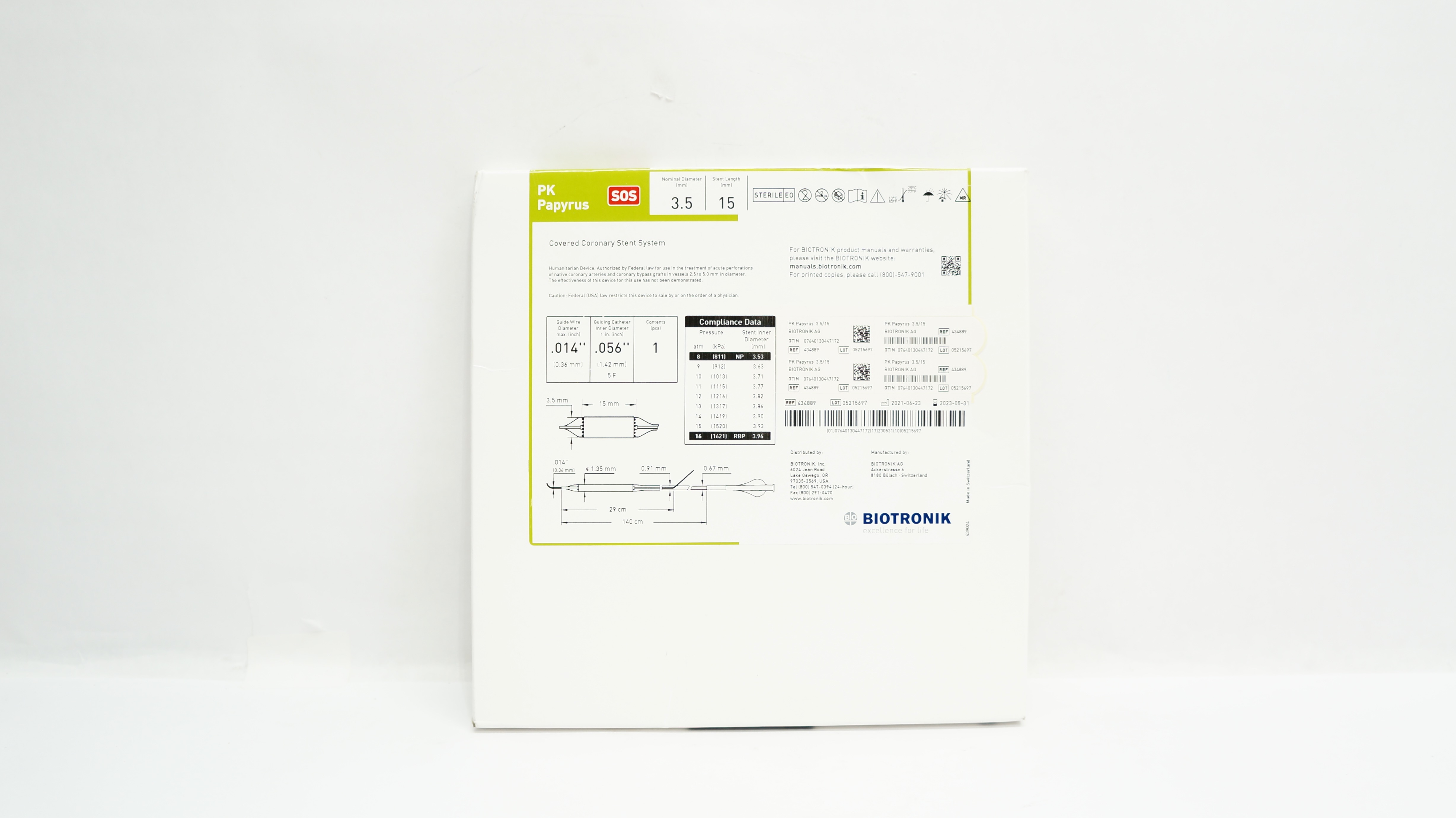 Biotronik 434889 PK Papyrus SOS Covered Coronary Stnt System 3.5mm x 15mm (x)