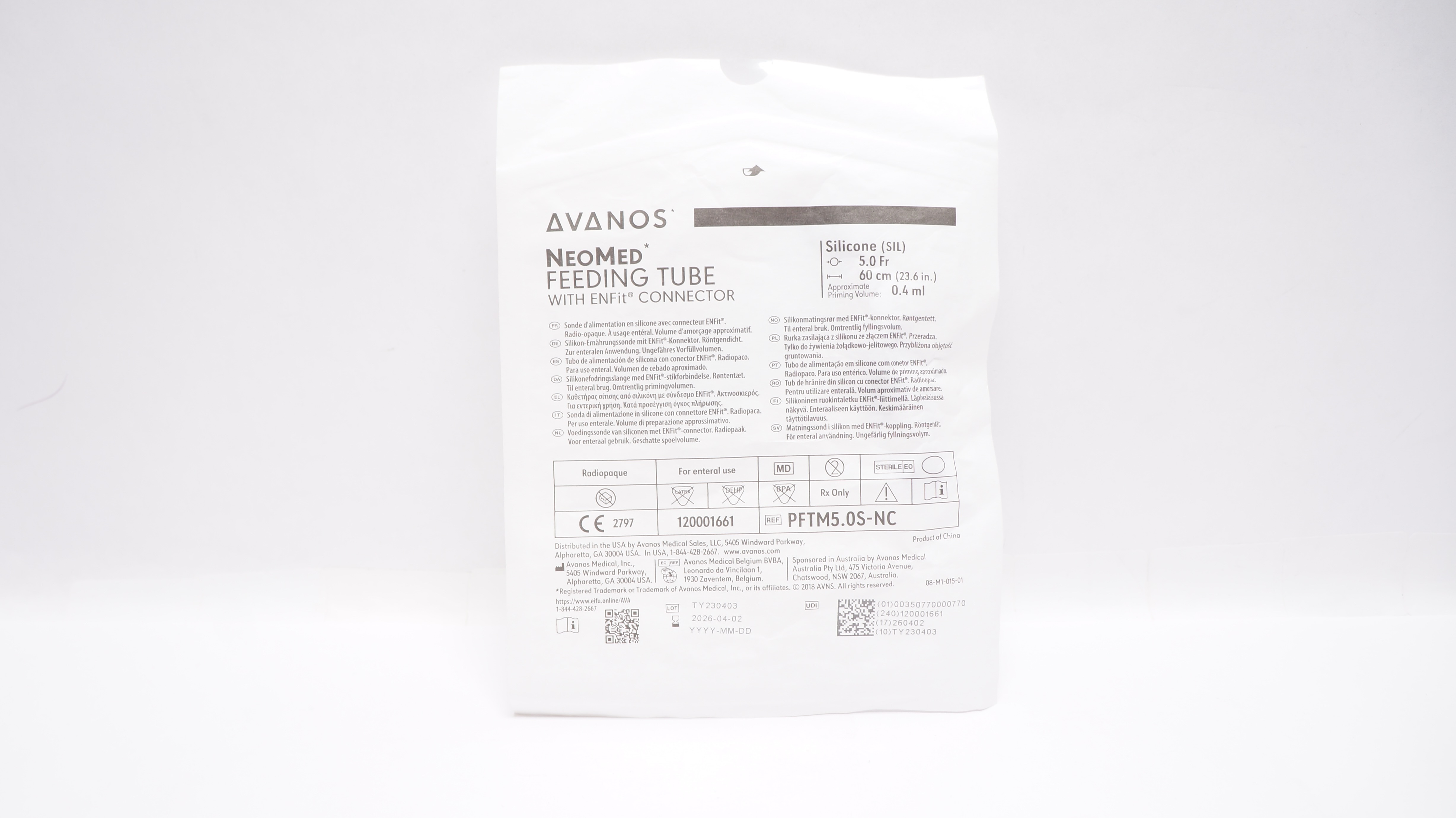 Avanos PFTM5.0S-NC NeoMed Feeding Tube w/EnFit Connector 5.0Fr x 23.6inch 0.4ml