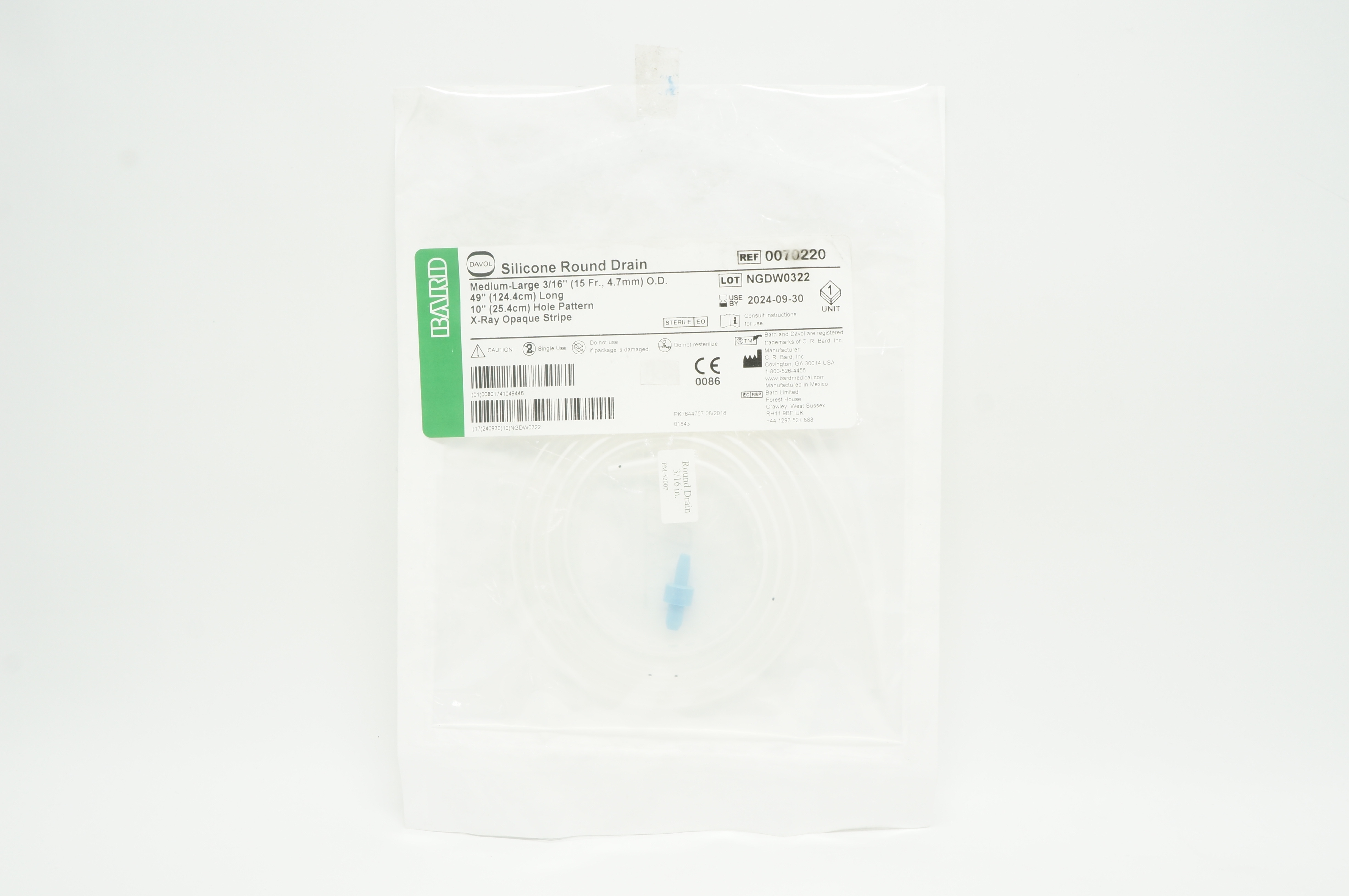 Bard 0070220 Davol Silicone Round Drain 3/16 inch O.D. x 49 inch x 10 inch