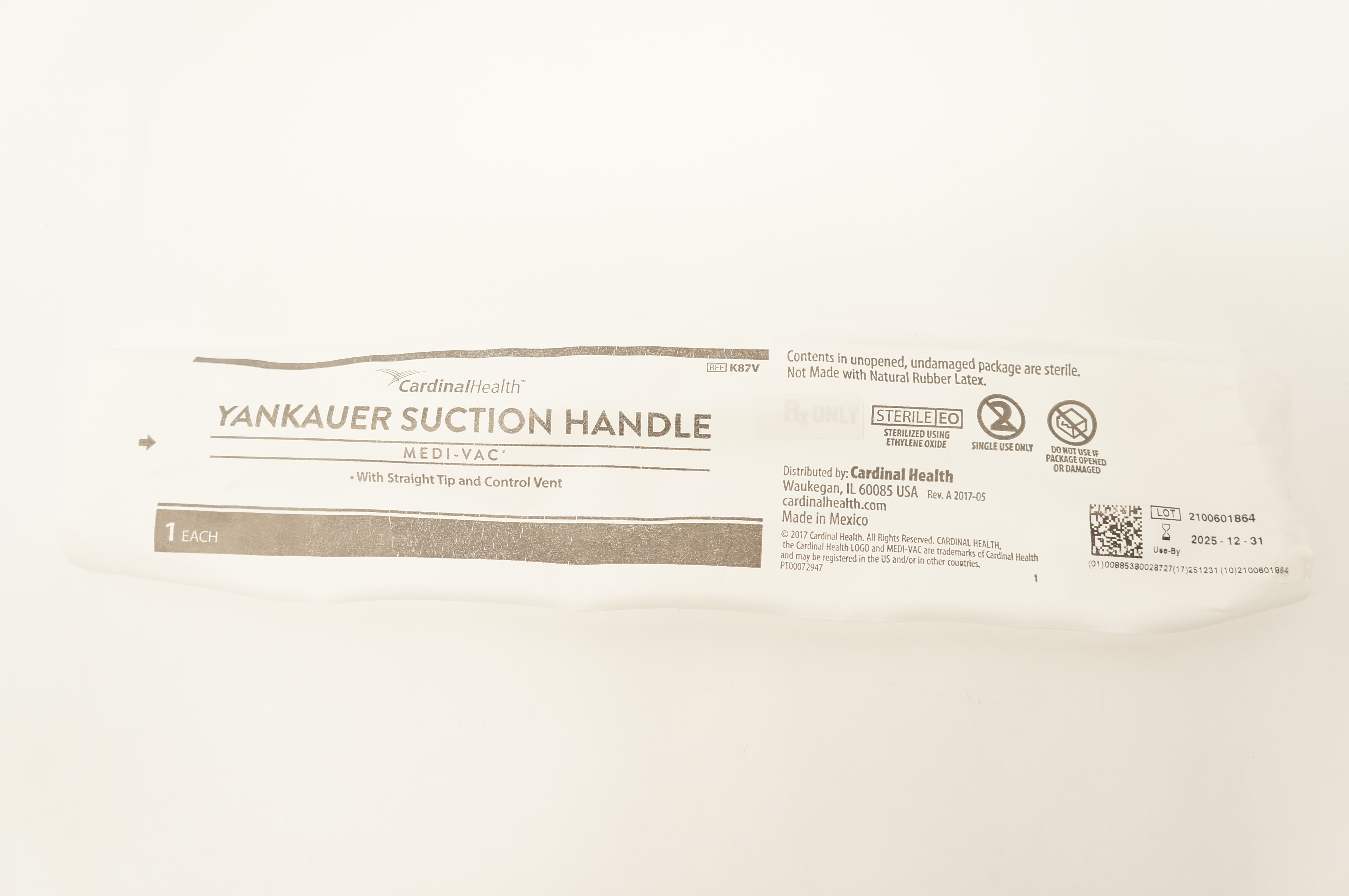 Cardinal Health K87V Medi-Vac Yankauer Suction Handle w/Straight Tip&ControlVent