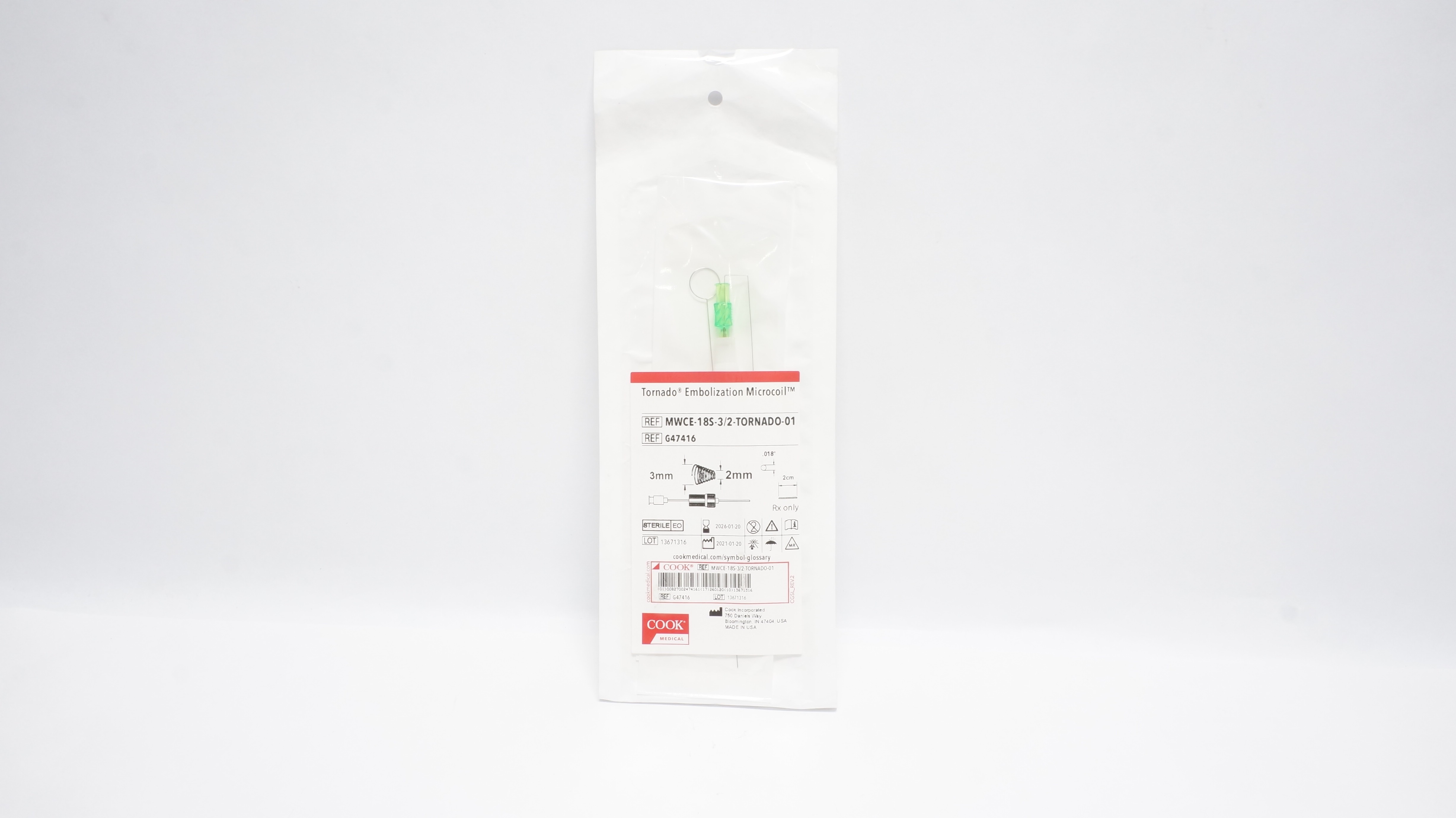 Cook Medical G47416 Tornado Embolization Microcoil .018inch x 2cm x 3-2mm (x)